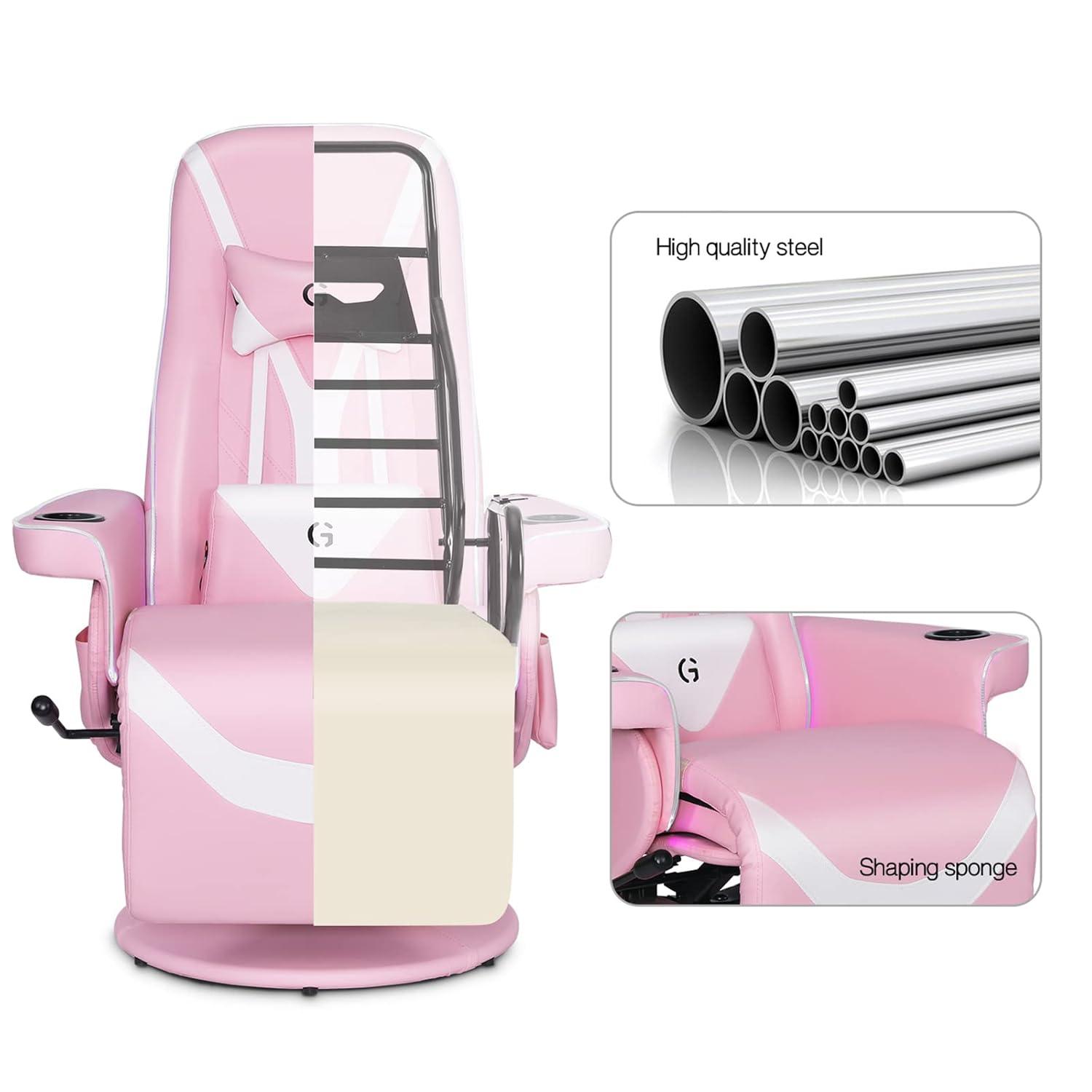 Queen Throne Video Gaming Chair Ergonomic Recliner Racing Chair, High Back Swivel Chair with Footrest and Adjustable Backrest, Lumbar Support, Headrest and Cupholders, Pink White