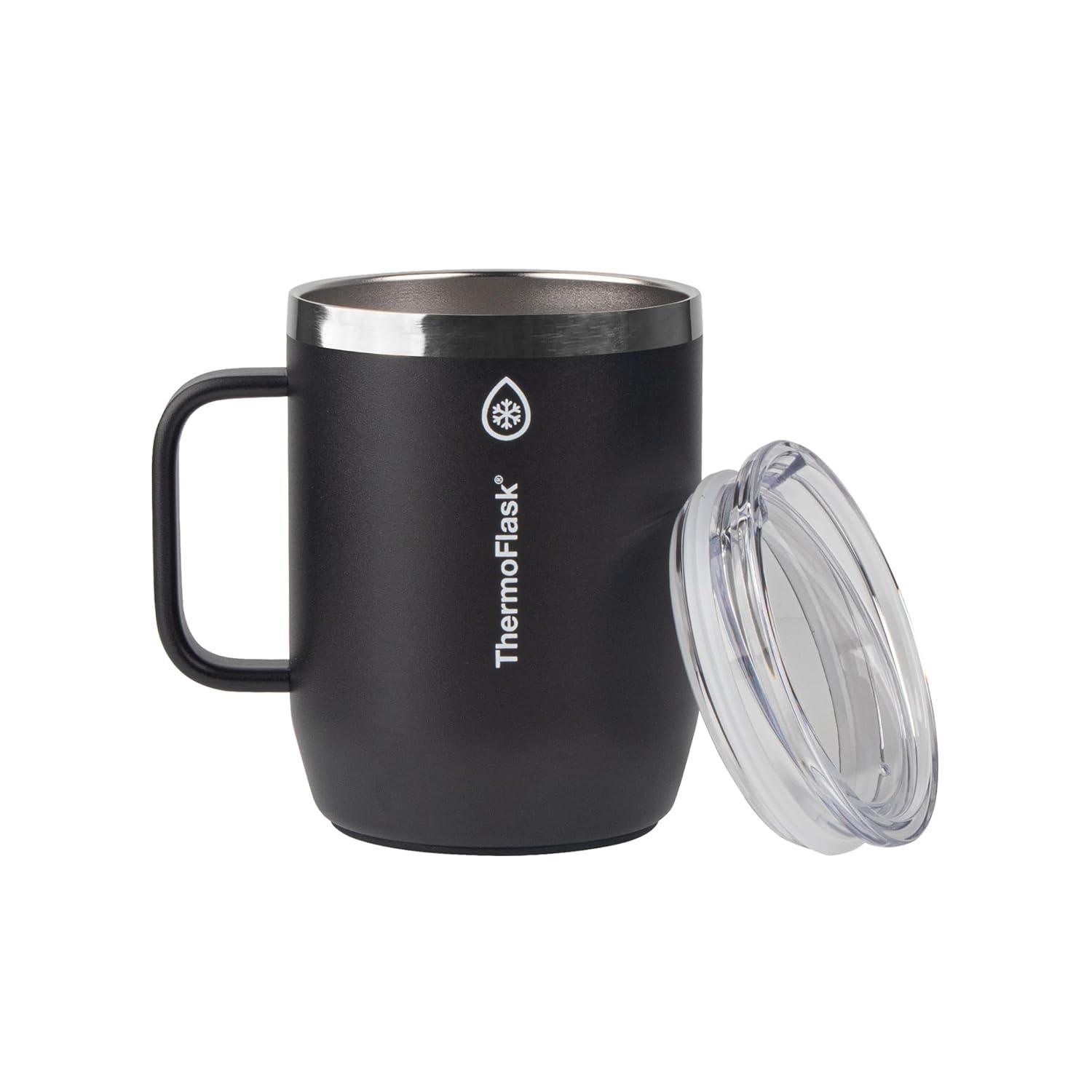 ThermoFlask Drinkware Collection - 12 oz Insulated Coffee Mug with Leakproof Push N Sip Lid, Jet Black