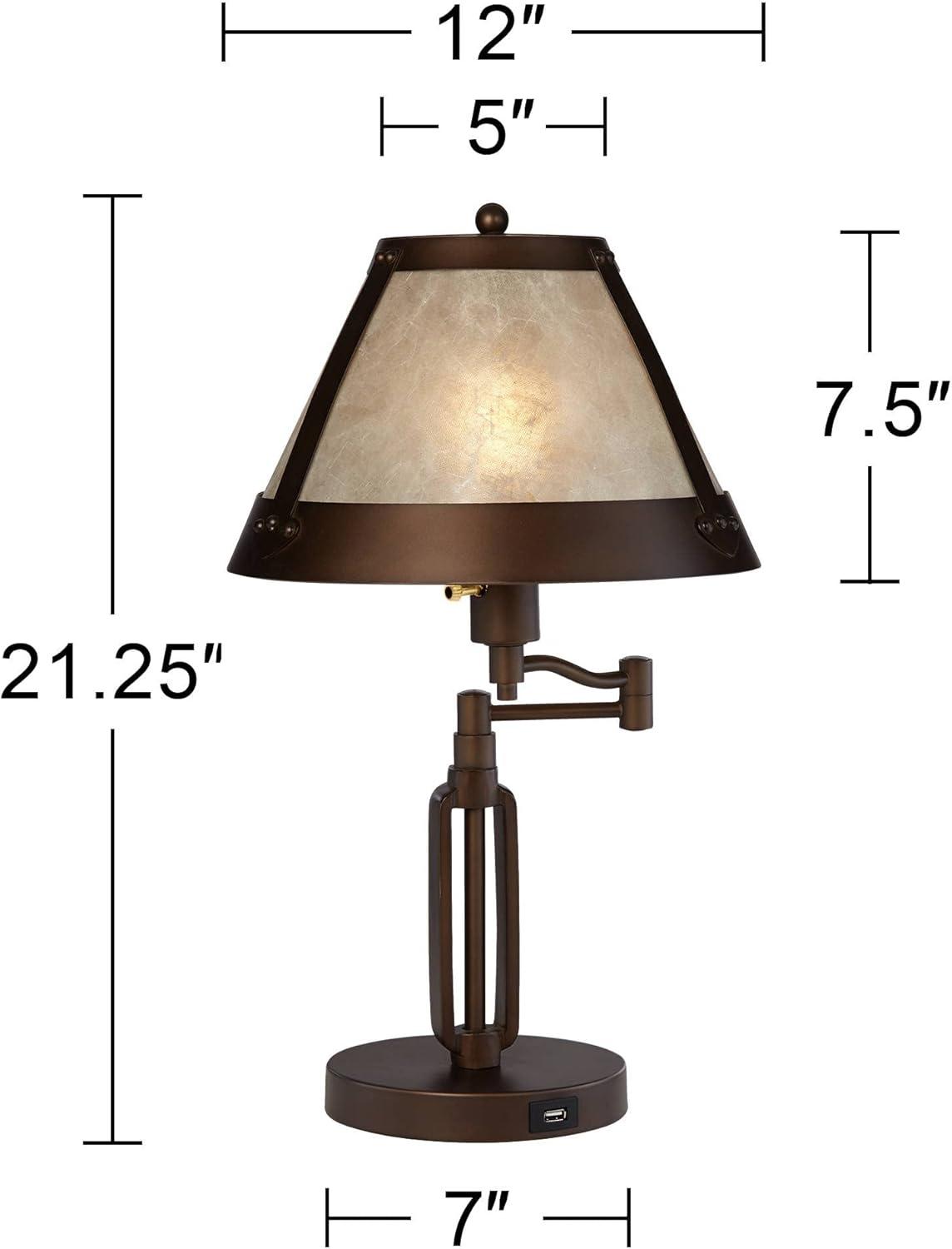 Franklin Iron Works Samuel Industrial Desk Lamp 21 1/4" High Bronze Swing Arm with USB Charging Port Natural Mica Shade for Bedroom Living Room House