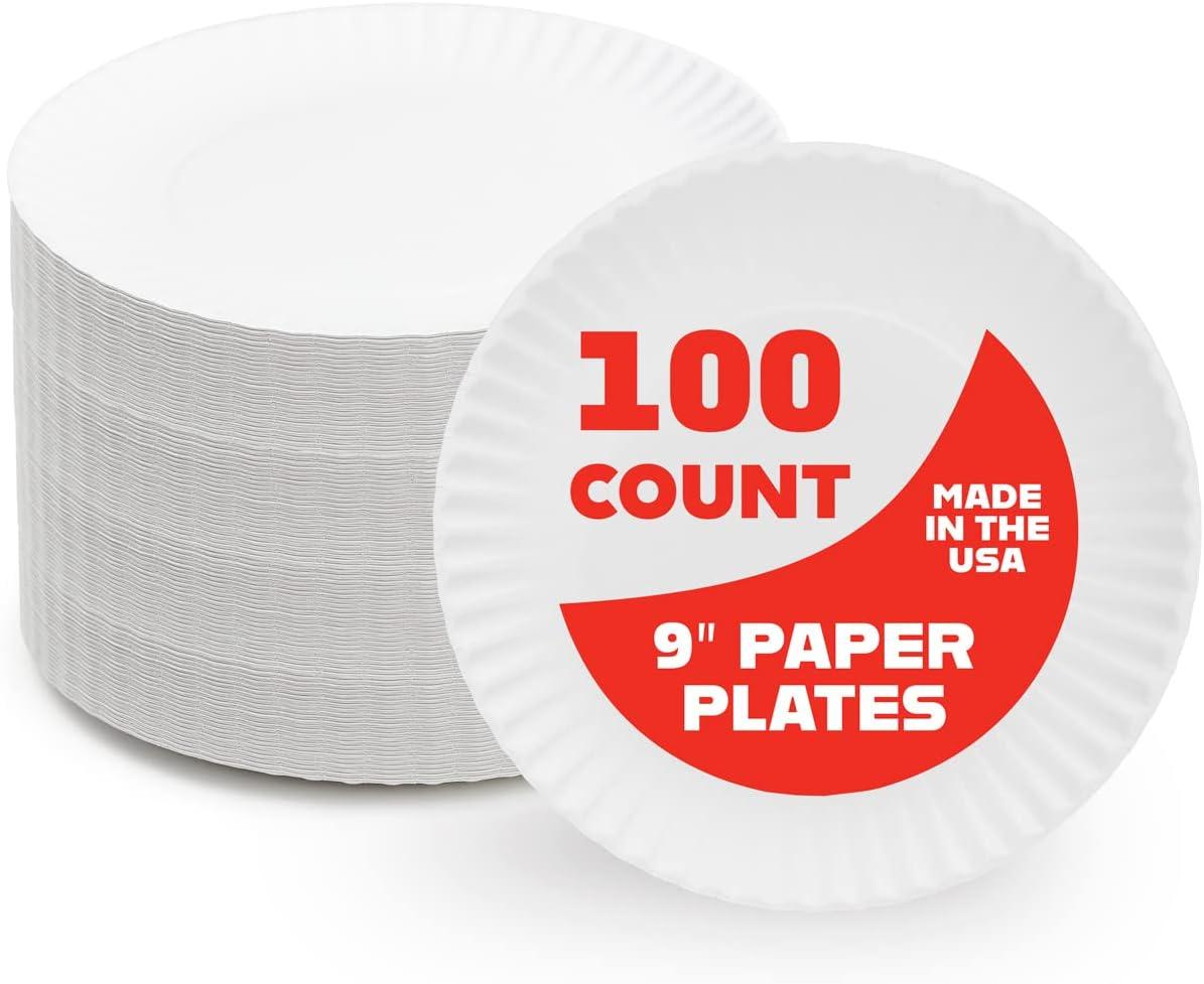 White 9-Inch Disposable Paper Plates, 100-Pack