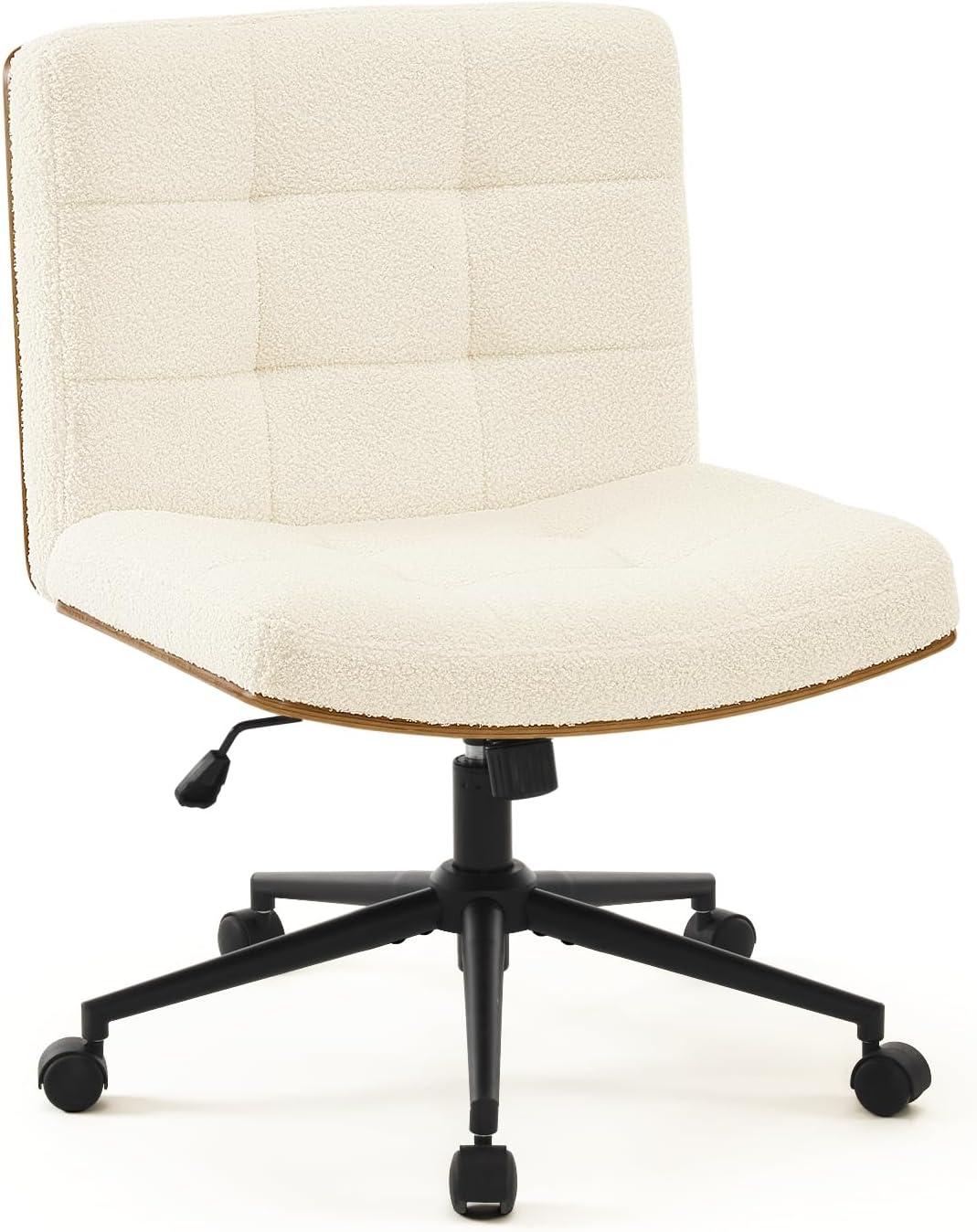 Armless Home Office Task Desk Computer Chair No Wheels PU-Padded Adjustable Swivel Vanity Chair lvory white
