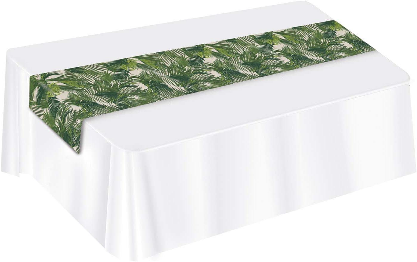 Beistle Rectangle Tropical Palm Leaf Fabric Table Runner for Luau Hawaiian Party Theme Decorations Jungle Tableware, 12" x 6', Green/Off White