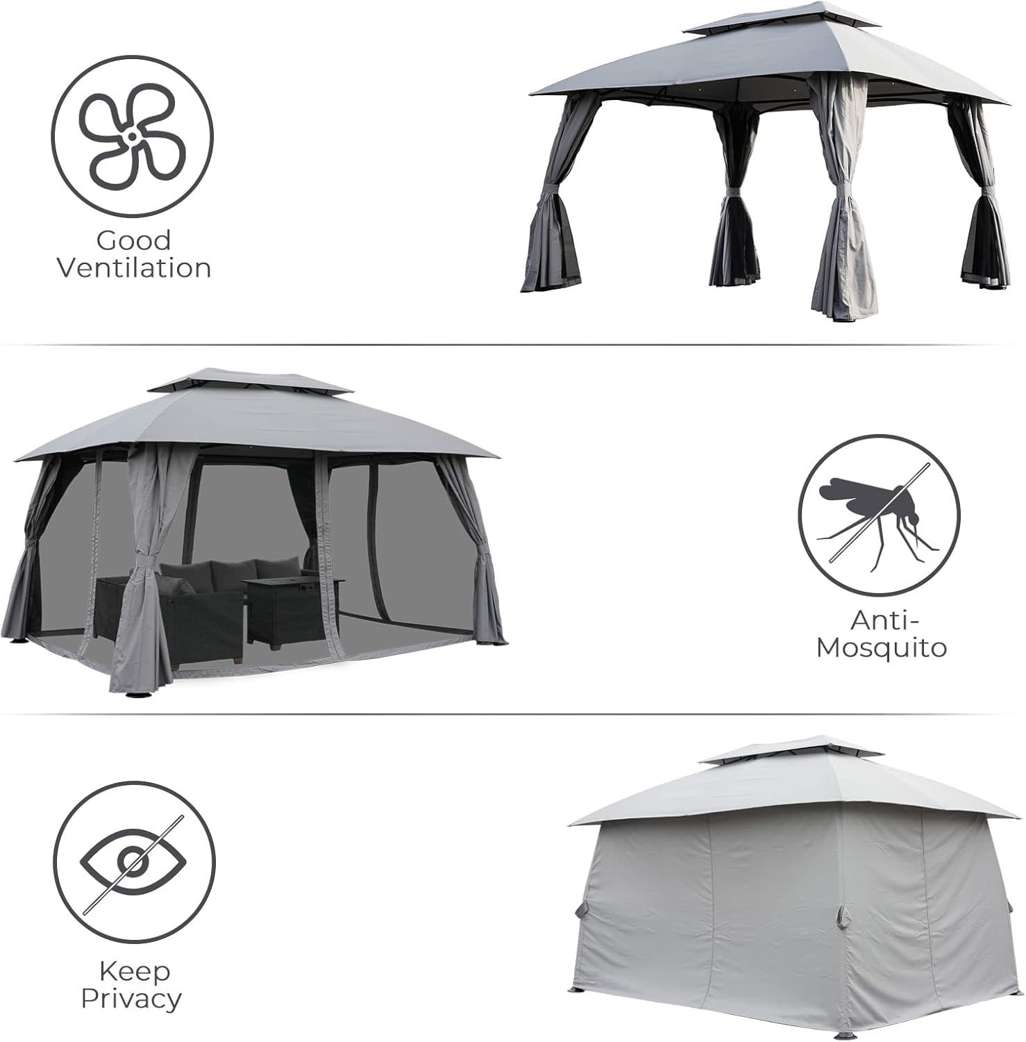 Grand Patio 10x13 Ft Gazebo Double Soft Top All-Weather Canopy Anti-UV Shelter with Privacy Curtains and Netting for Patio, Deck, Backyard, Garden, Lawns