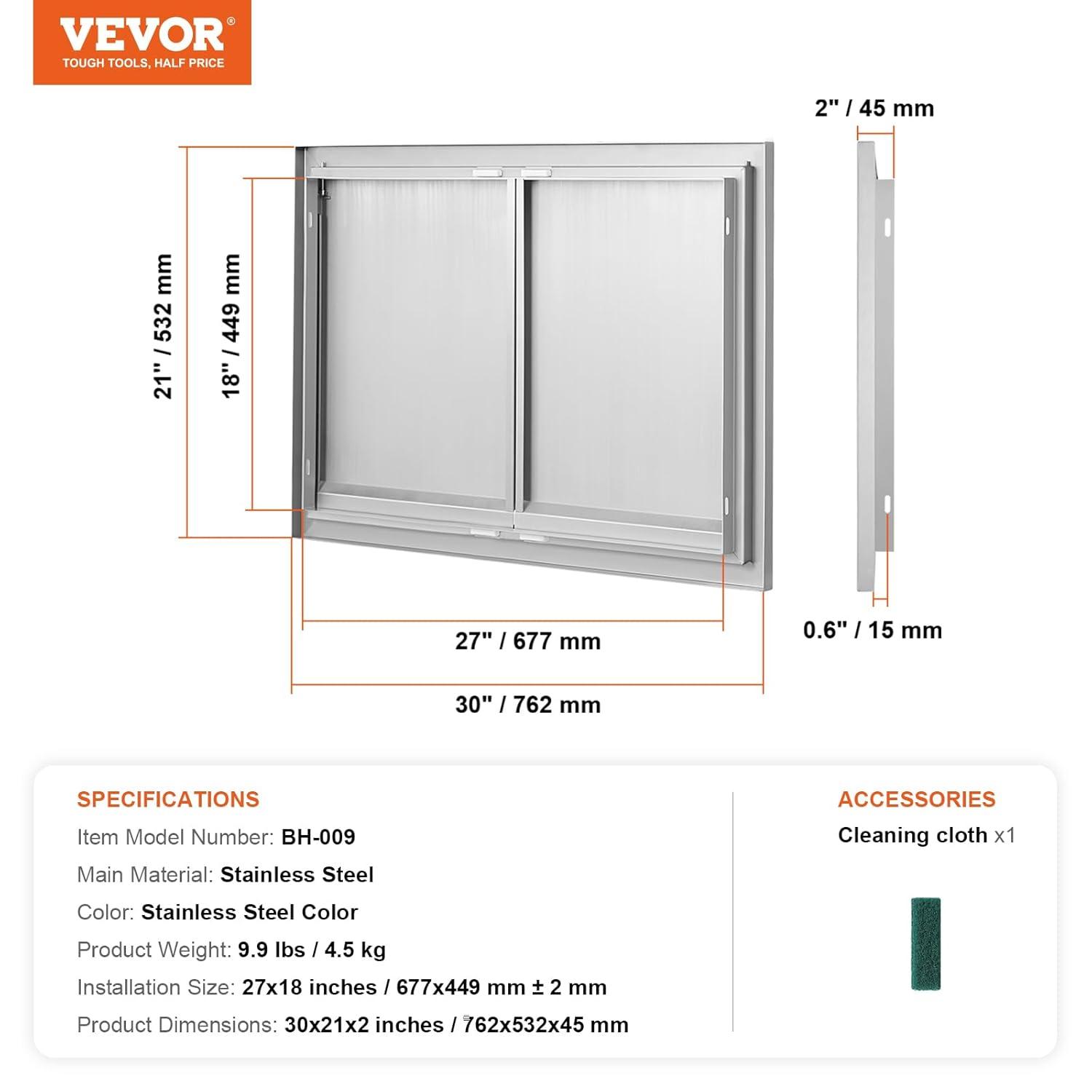 BBQ Access Door 30 in. W x 21 in. H Brushed Stainless Steel Outdoor Kitchen Door with Hooks for Outside Cabinet