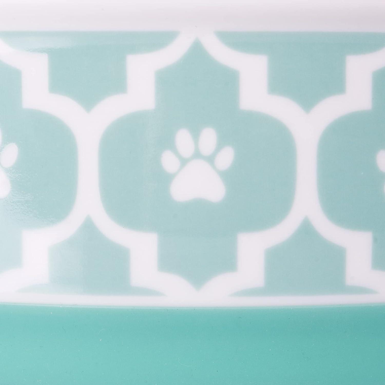 Aqua Ceramic Non-Skid Pet Bowl with Paw Print Design