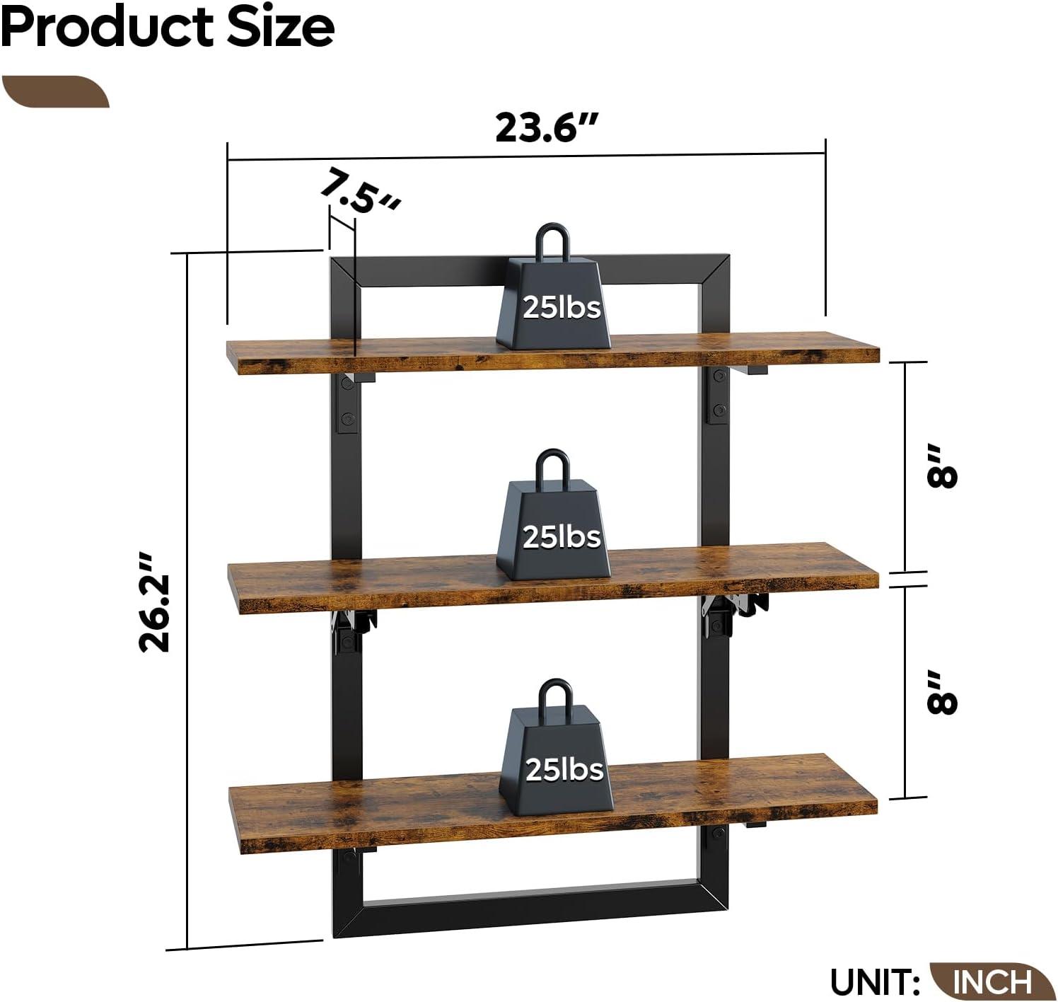 Rustic Brown 24'' 3-Tier Wood Floating Kitchen Shelves