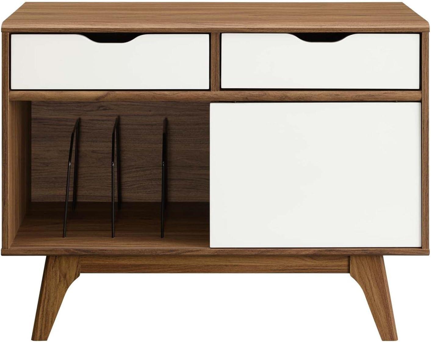 Envision 37" Walnut White Mid-Century Modern Vinyl Record Stand with Drawers