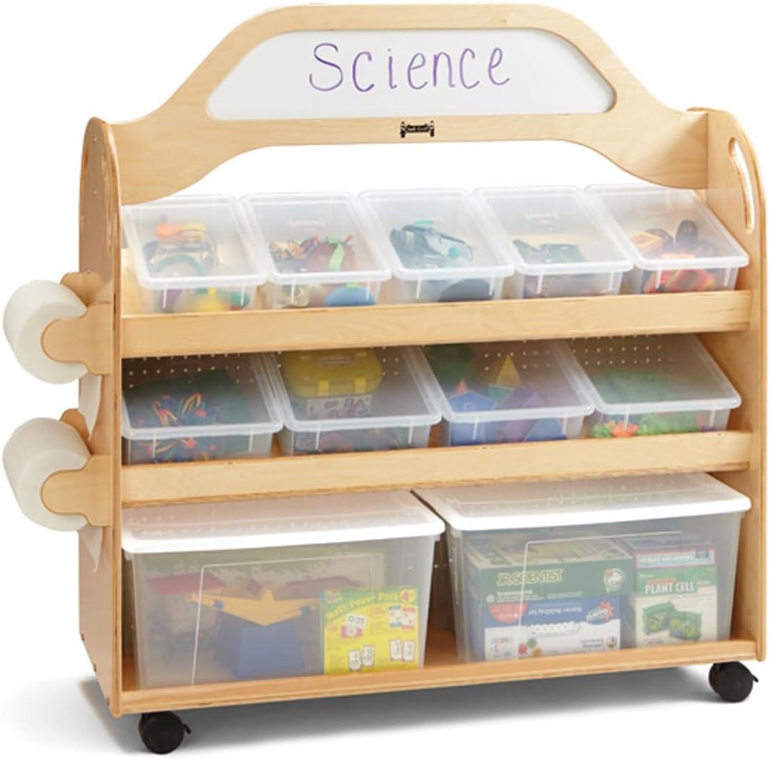 Natural Wood Acrylic Mobile Cart with Clear Storage Bins