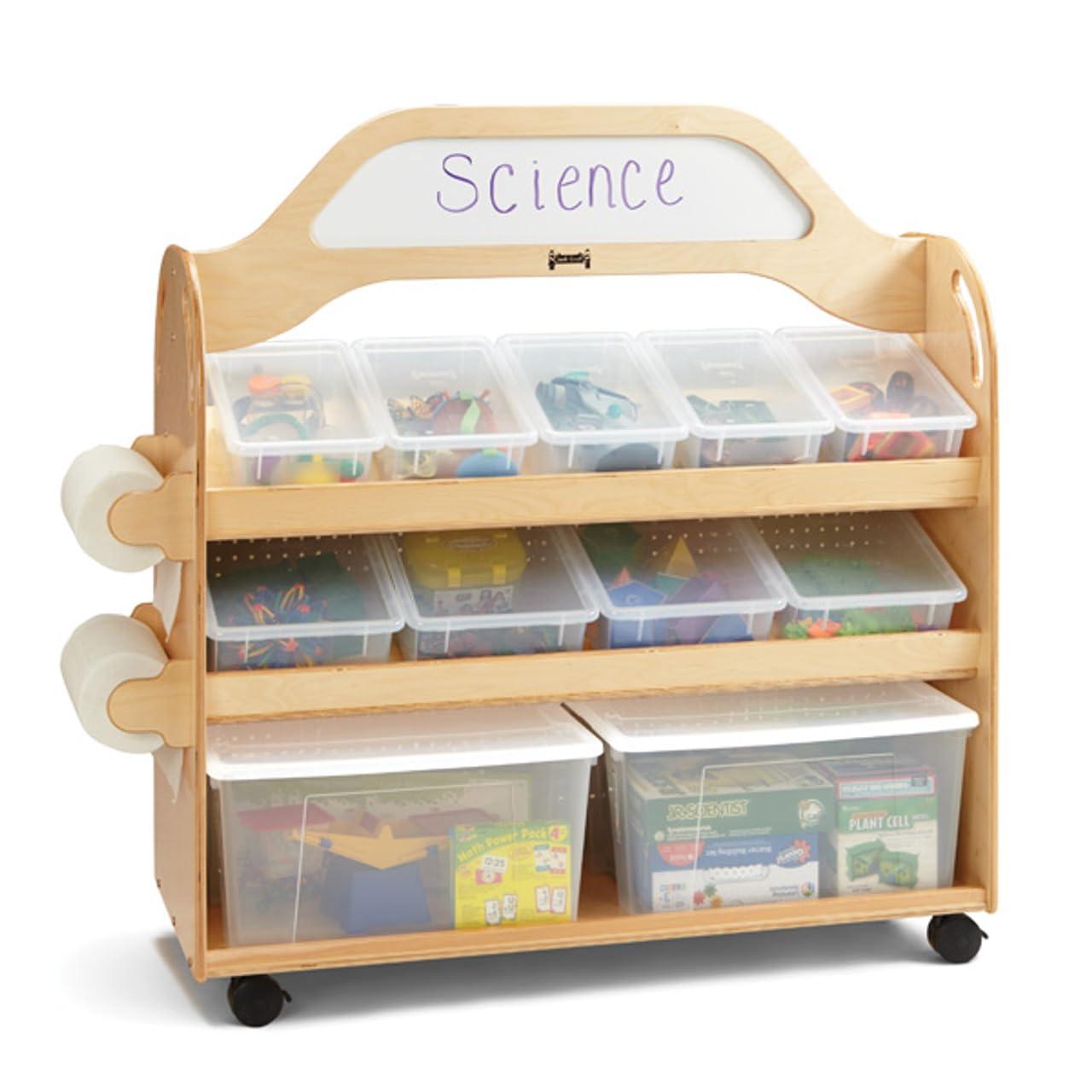 Natural Wood Acrylic Mobile Cart with Clear Storage Bins