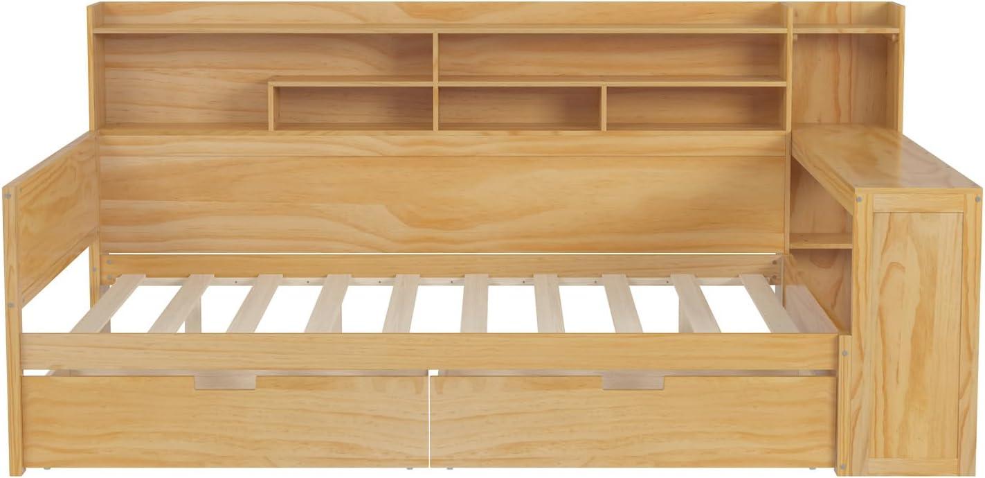 Wooden Daybed with Storage Shelves, Multi-functional Bed with Two Storage Drawers and Study Desk Natural - Full
