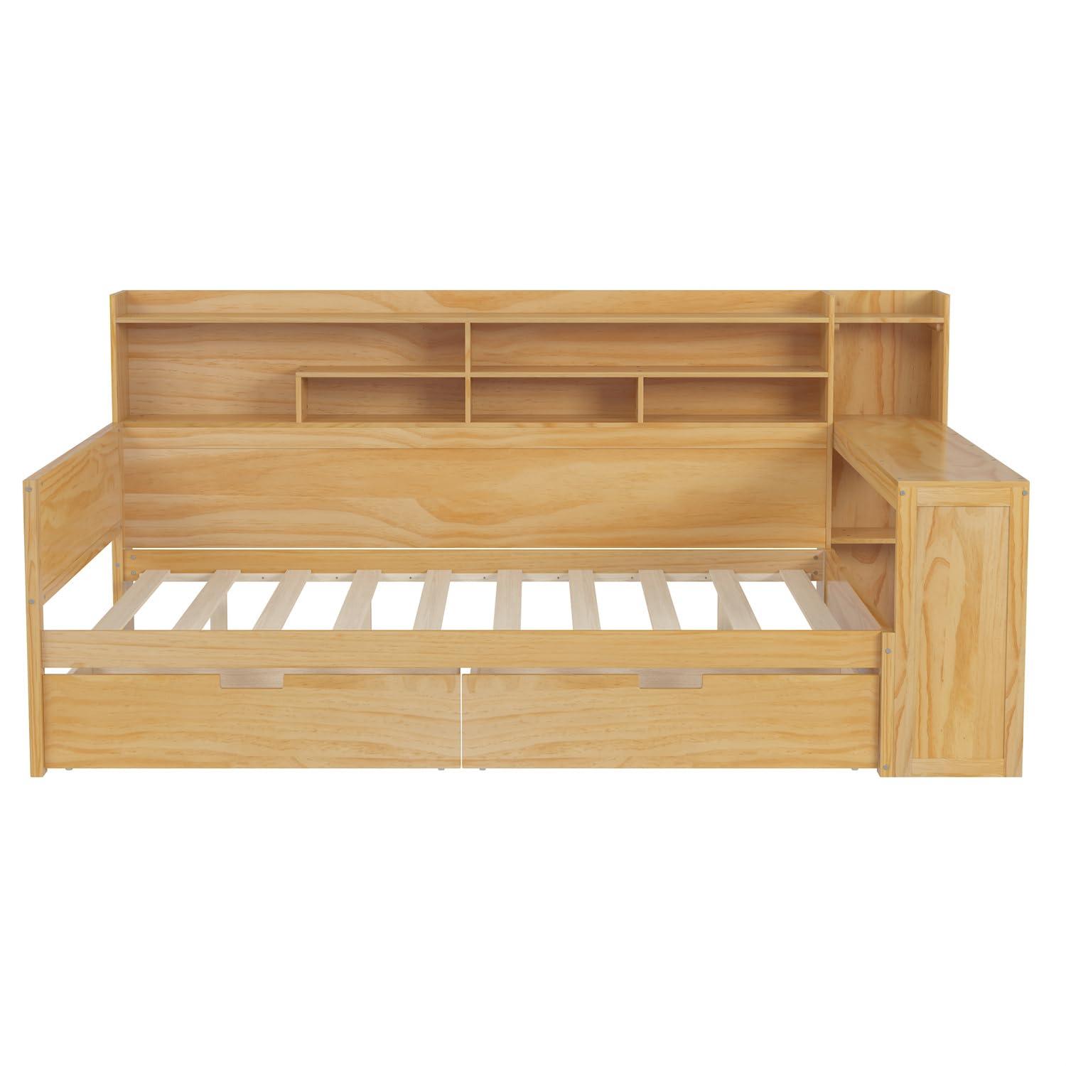 Wooden Daybed with Storage Shelves, Multi-functional Bed with Two Storage Drawers and Study Desk Natural - Full