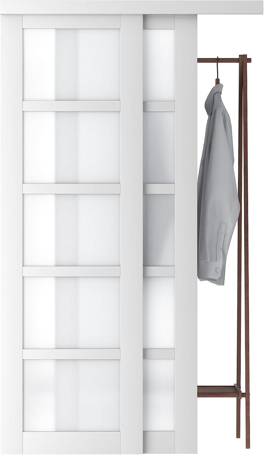 JUBEST 5-Lite Frosted Glass Sliding Closet Doors With Installation Hardware Kit