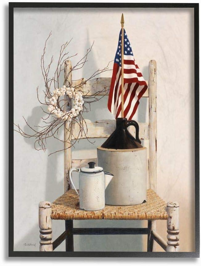 Stupell Industries Vintage Rustic Things American Flag Neutral Painting Framed Giclee Texturized Art by Cecile Baird
