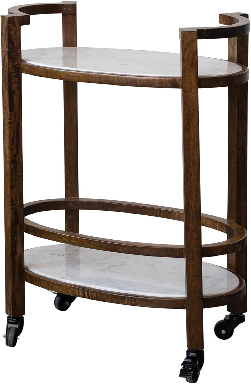 Walnut Finish and White Mango Wood and Marble 2-Tier Bar Cart