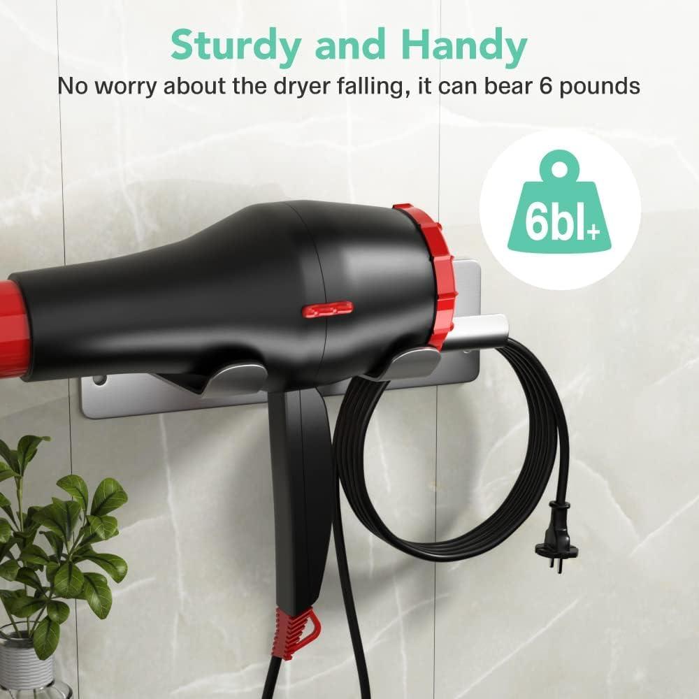 Hair Dryer Holder Wall Mount Compatible with Hair Dryer, 304 Stainless Steel Hair Dryer Blow Diffuser Holder Organizer Adhesive for The Bathroom, Silver