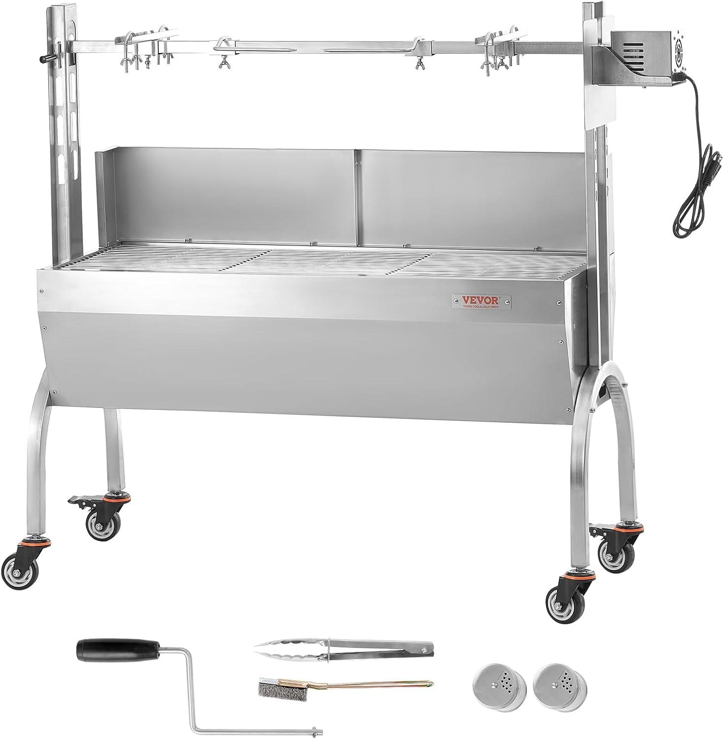 Stainless Steel Rotisserie Grill with Windscreen and Lockable Wheels