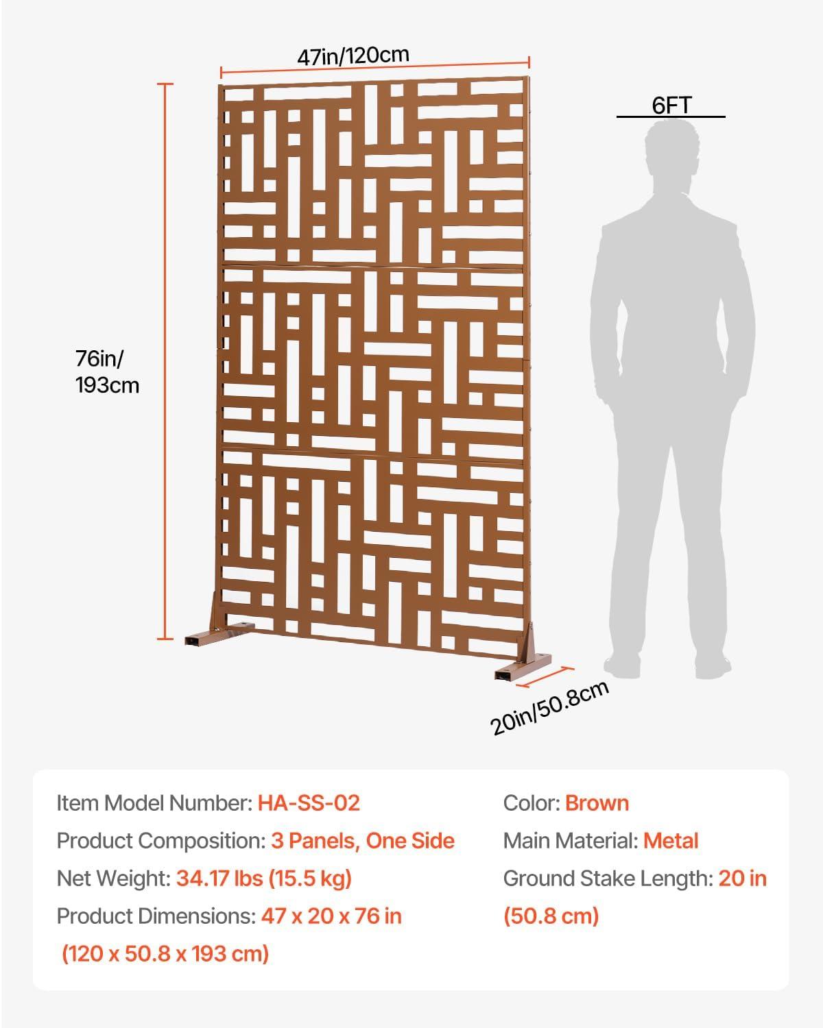 VEVOR Metal Privacy Screen, 47" W x 76" H, Outdoor Privacy Screens 3-Panel, Freestanding Outdoor Divider with Stand, Decorative Garden Steel Privacy Fence for Balcony Patio Indoor Room Hot Tub Brown