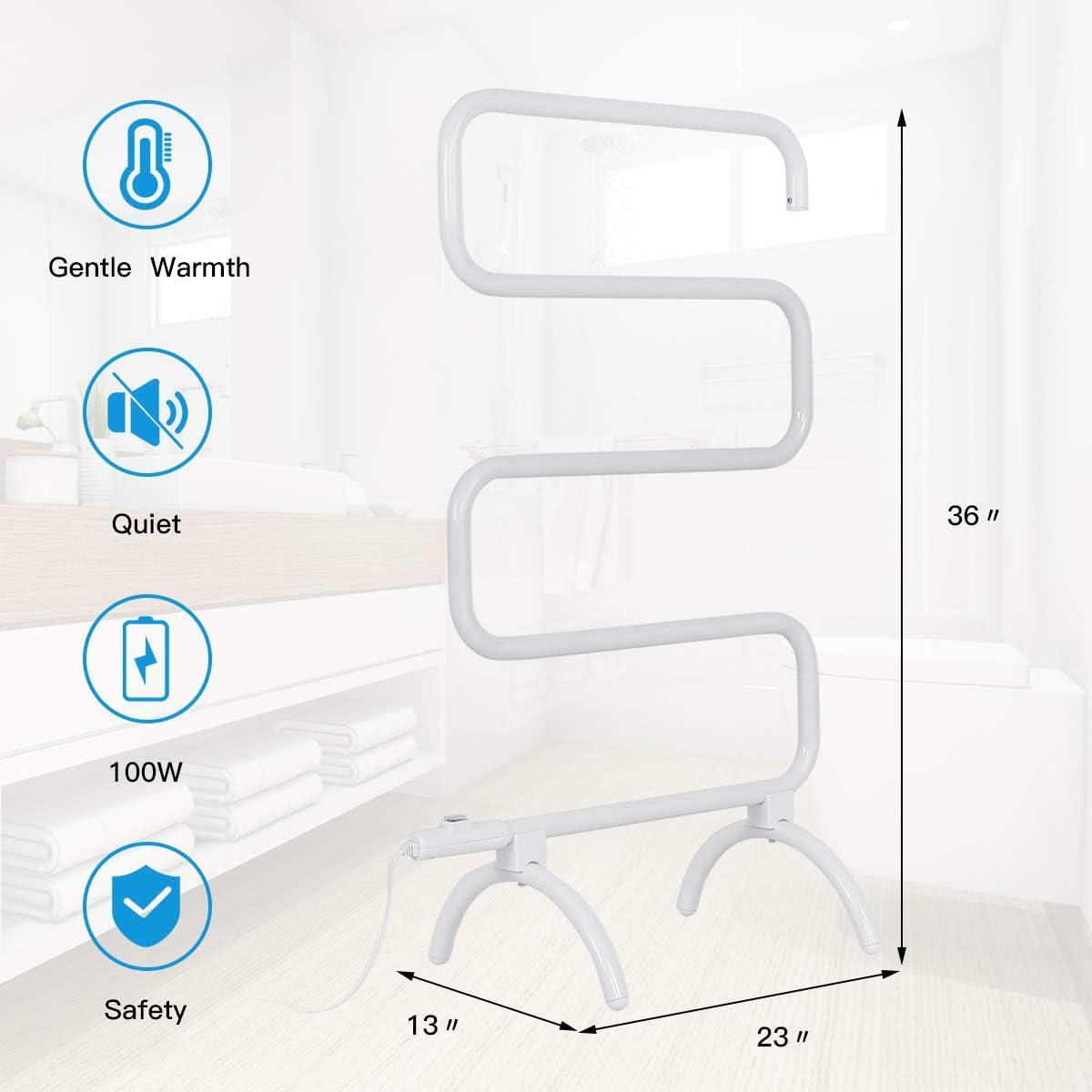 Tangkula Towel Warmer, Home Bathroom 100W Electric 5-Bar Towel Drying Rack, Freestanding and Wall Mounted Design Towel Hanger, Towel Heater, White (23"L x 13"W x 36"H)