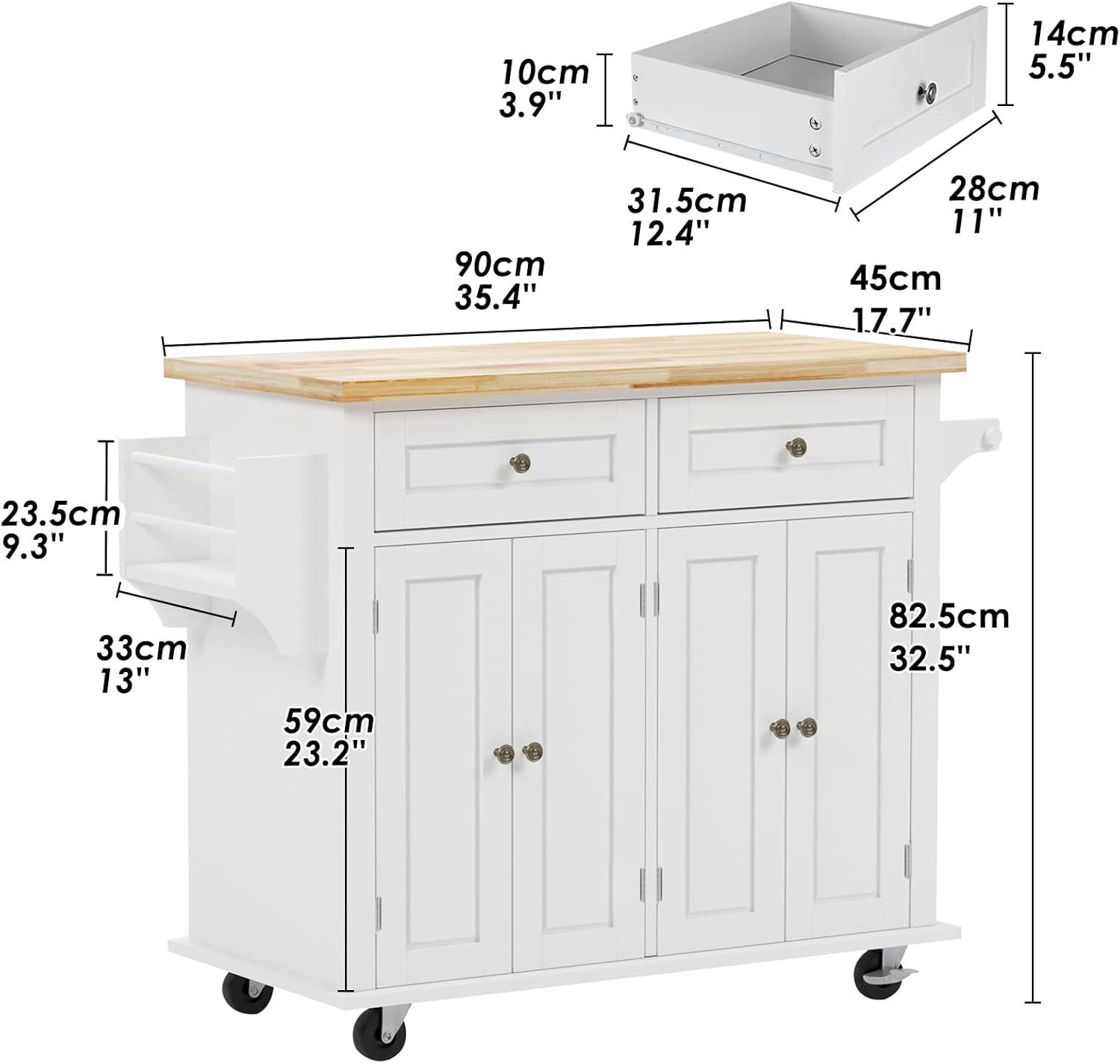 White and Maple Wood Kitchen Cart with Spice Rack and Storage