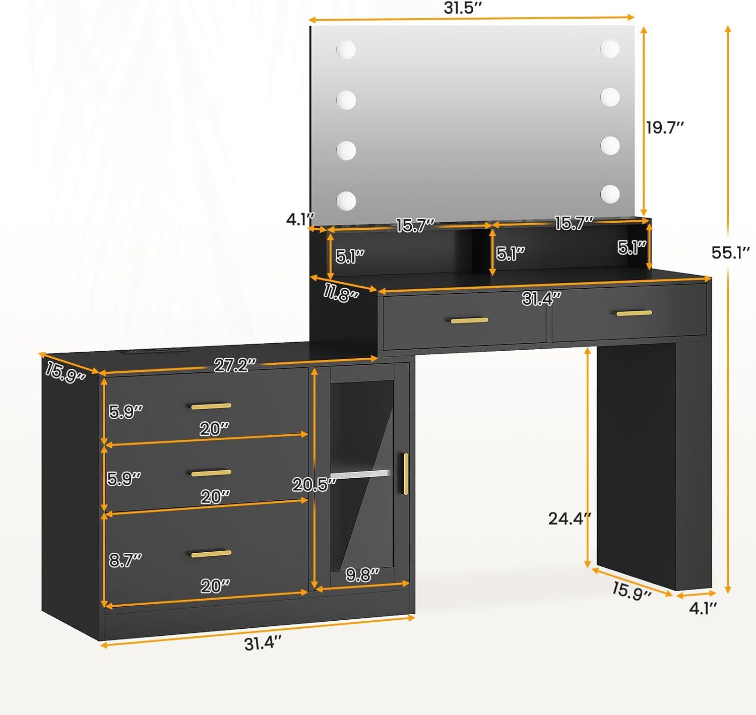 AOGLLATI Makeup Vanity Desk with Mirror and Lights & Charging Station, Black Vanity Table with 3 Drawers LED Dresser, Makeup Desk with 3 Lighting Modes, 5 Drawers and Cabinet Storage