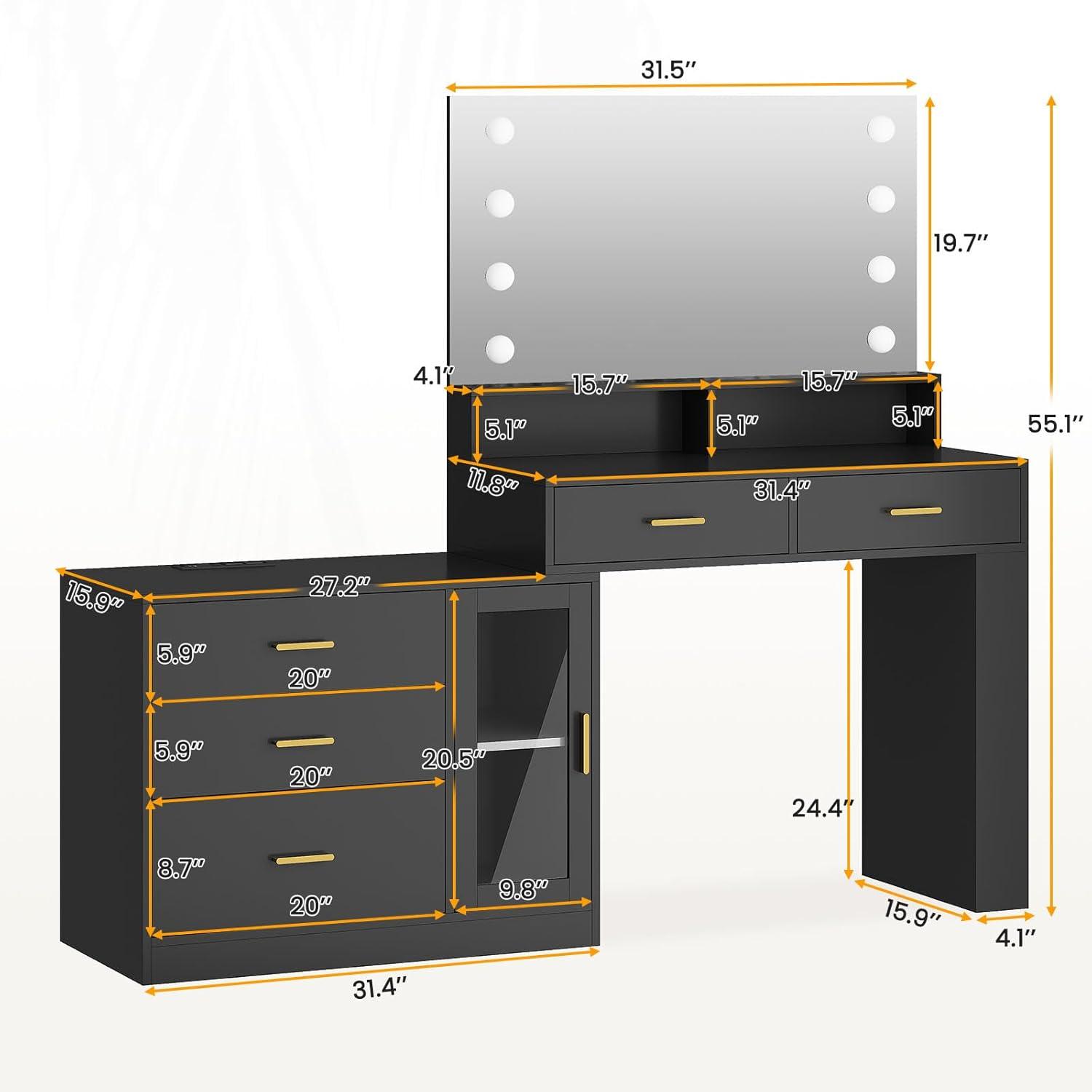 AOGLLATI Makeup Vanity Desk with Mirror and Lights & Charging Station, Black Vanity Table with 3 Drawers LED Dresser, Makeup Desk with 3 Lighting Modes, 5 Drawers and Cabinet Storage