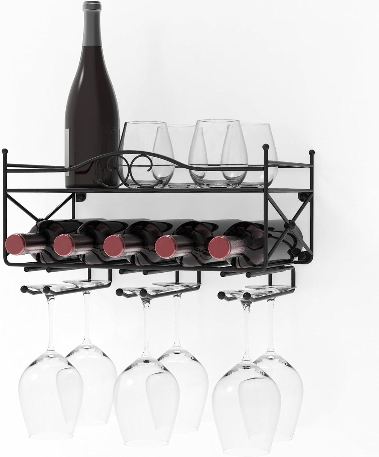 Mango Steam Wall Mounted 2 Tier Wine Rack with Stemware Holder & Shelf - for Kitchen, Bar, & More