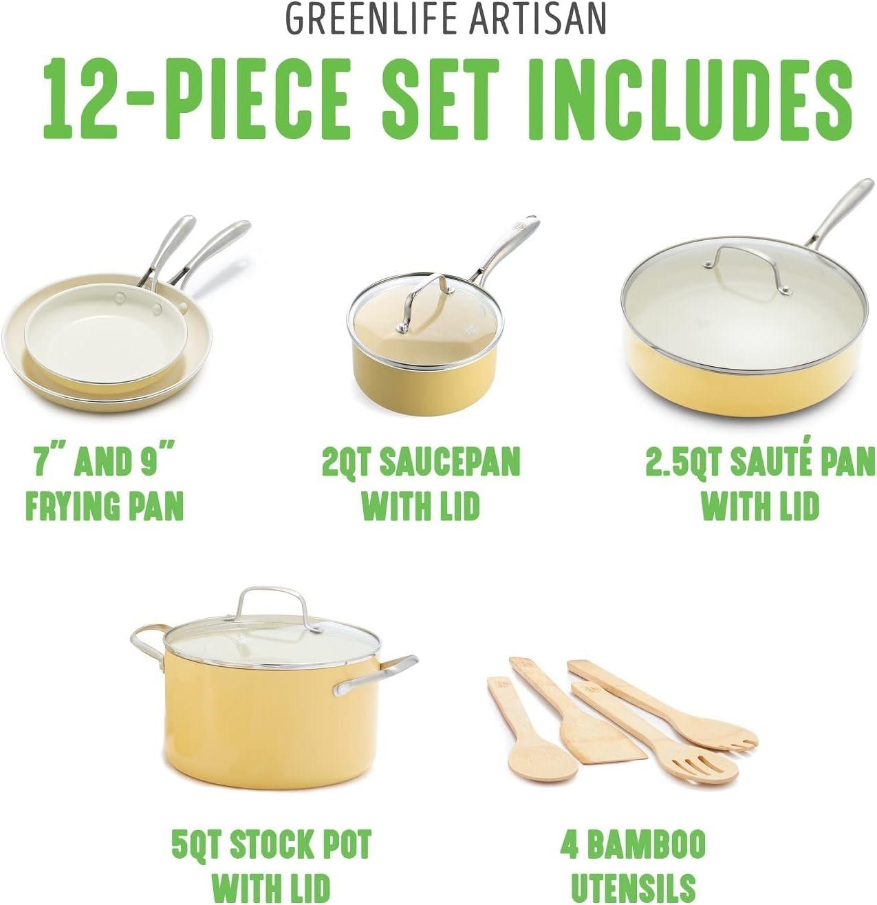 GreenLife Artisan Healthy Ceramic Nonstick, 12 Piece Cookware Pots and Pans Set, Stainless Steel Handle, PFAS-Free, Dishwasher Safe, Oven Safe, Yellow