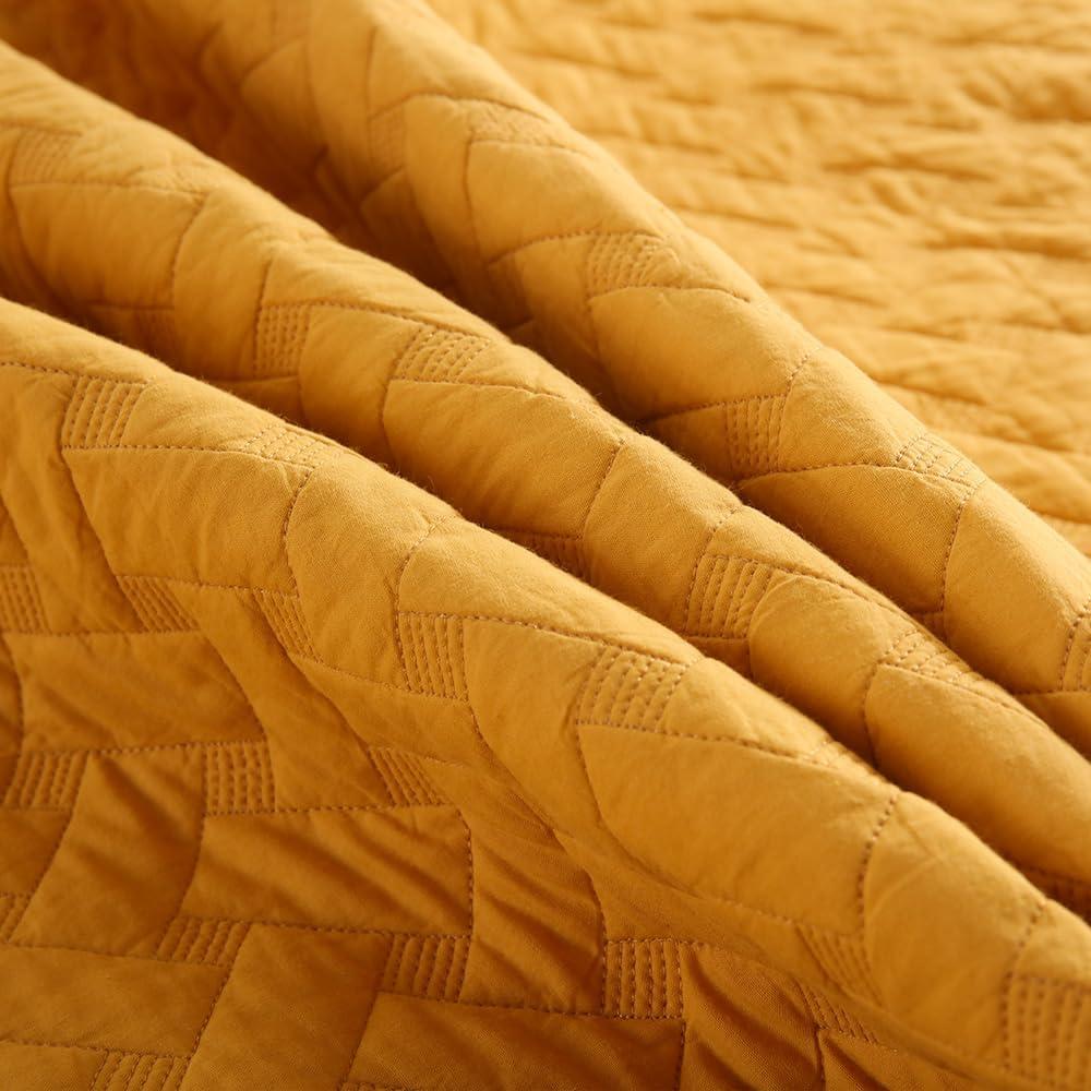 Cotton Quilt Bedding Sets Queen Size, 3 Pieces Reversible Lightweight Coverlets Comforters Bedspreads for All Seasons,Weave Stitching Pattern,Yellow