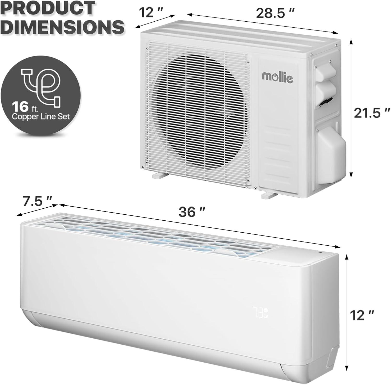 mollie 12000 BTU 22 SEER Mini Split Air Conditioner & Heater with WIFI , Wall-Mounted AC Unit Cools Rooms up to 550 Sq.Ft, Energy Efficient Inverter AC with Heat Pump, White