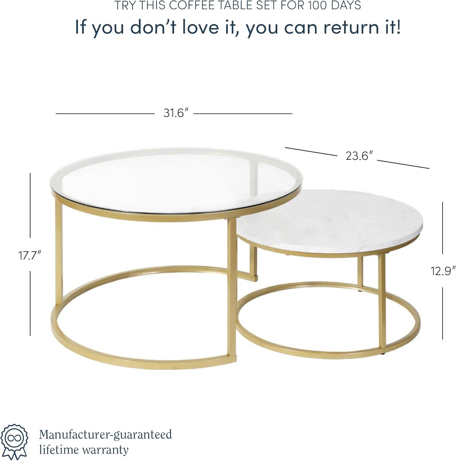 Nathan James Stella Round Nesting Coffee Table Set of 2 Glass, Marble Finish and Metal Frame, Marble/Glass/Gold