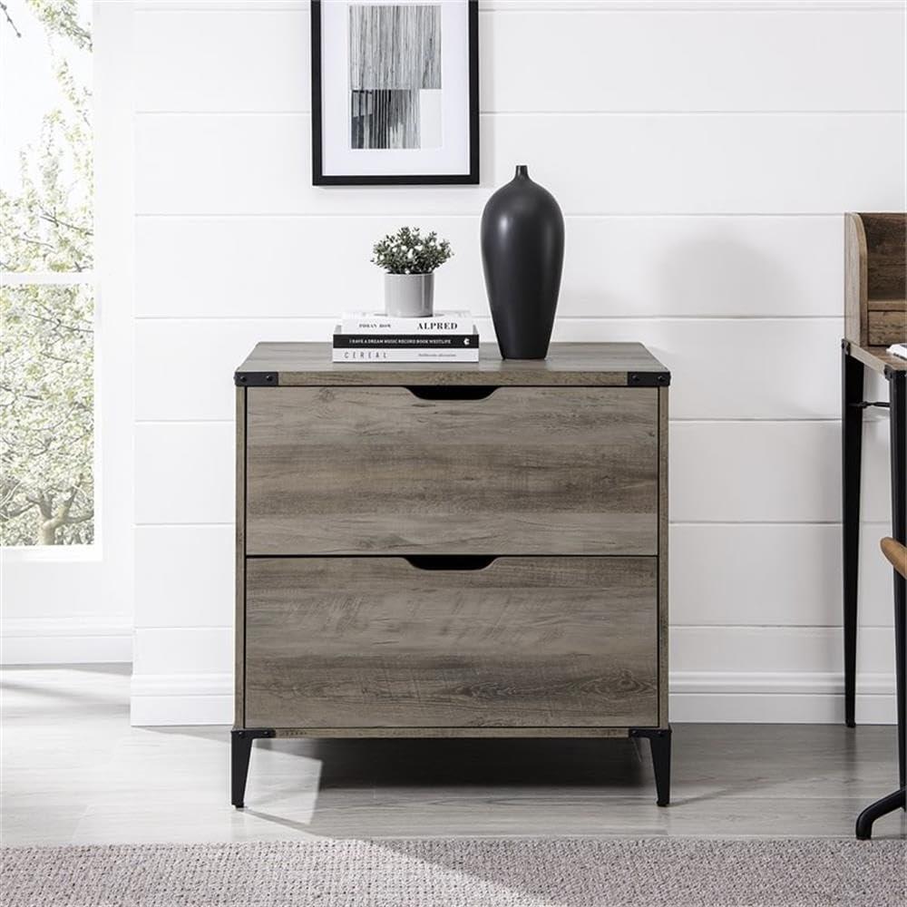 Modern Farmhouse Angle Iron 2-Drawer Filing Cabinet in Gray Wash