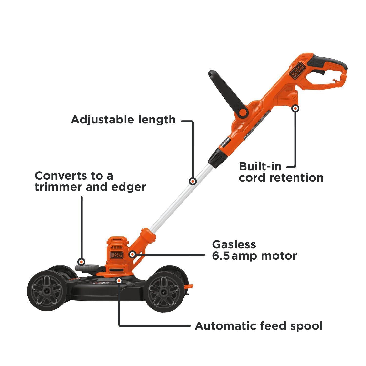 BLACK+DECKER Electric Lawn Mower, String Trimmer, Edger, 3-In-1, Corded, (BESTA512CM)