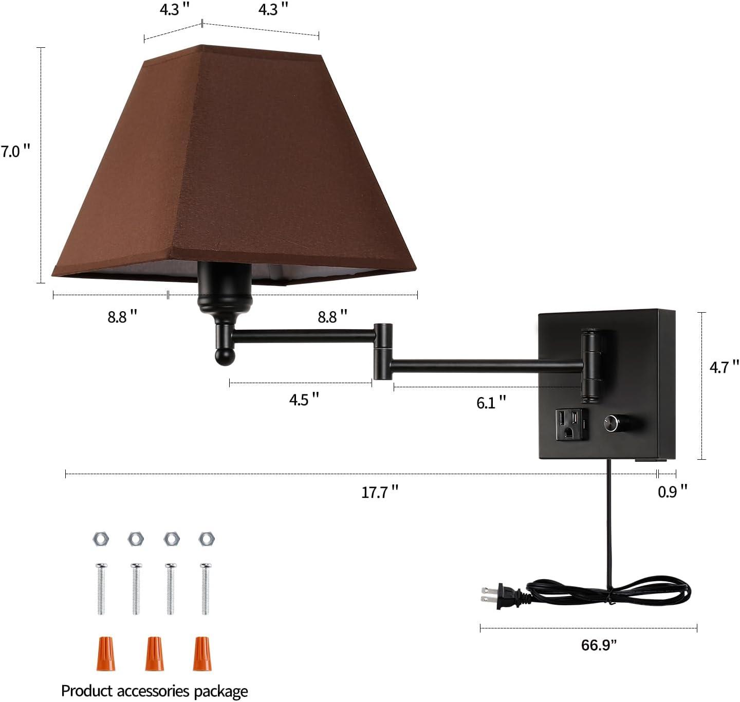 Black Swing Arm Wall Lamp with Fabric Shade and USB Port