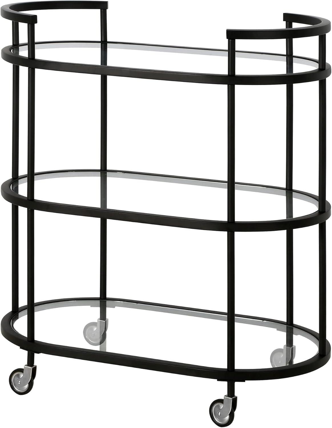 Modern Blackened Bronze 30" Wide Round Bar Cart with Tempered Glass Shelves