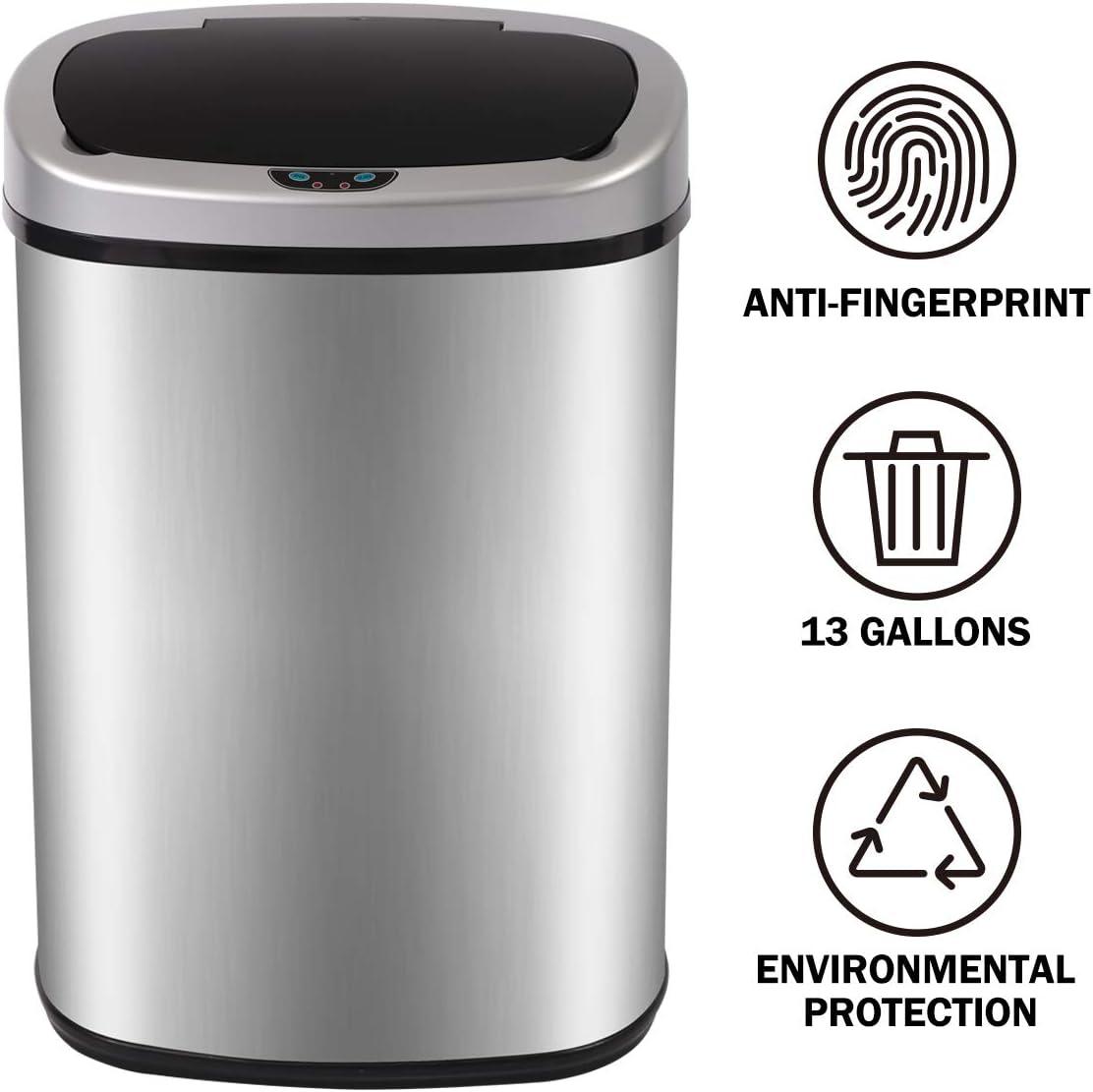 Stainless Steel Kitchen Trash Can - 13 Gallon Automatic Touch Free Garbage Can with Lid, High Capacity Electronic Touchless Sensor Trash Bin, Silver