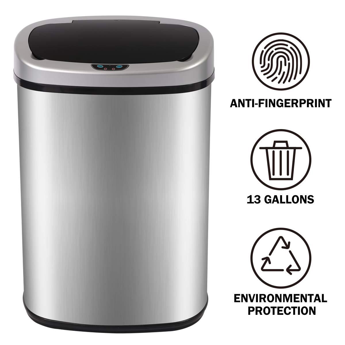 Stainless Steel Kitchen Trash Can - 13 Gallon Automatic Touch Free Garbage Can with Lid, High Capacity Electronic Touchless Sensor Trash Bin, Silver