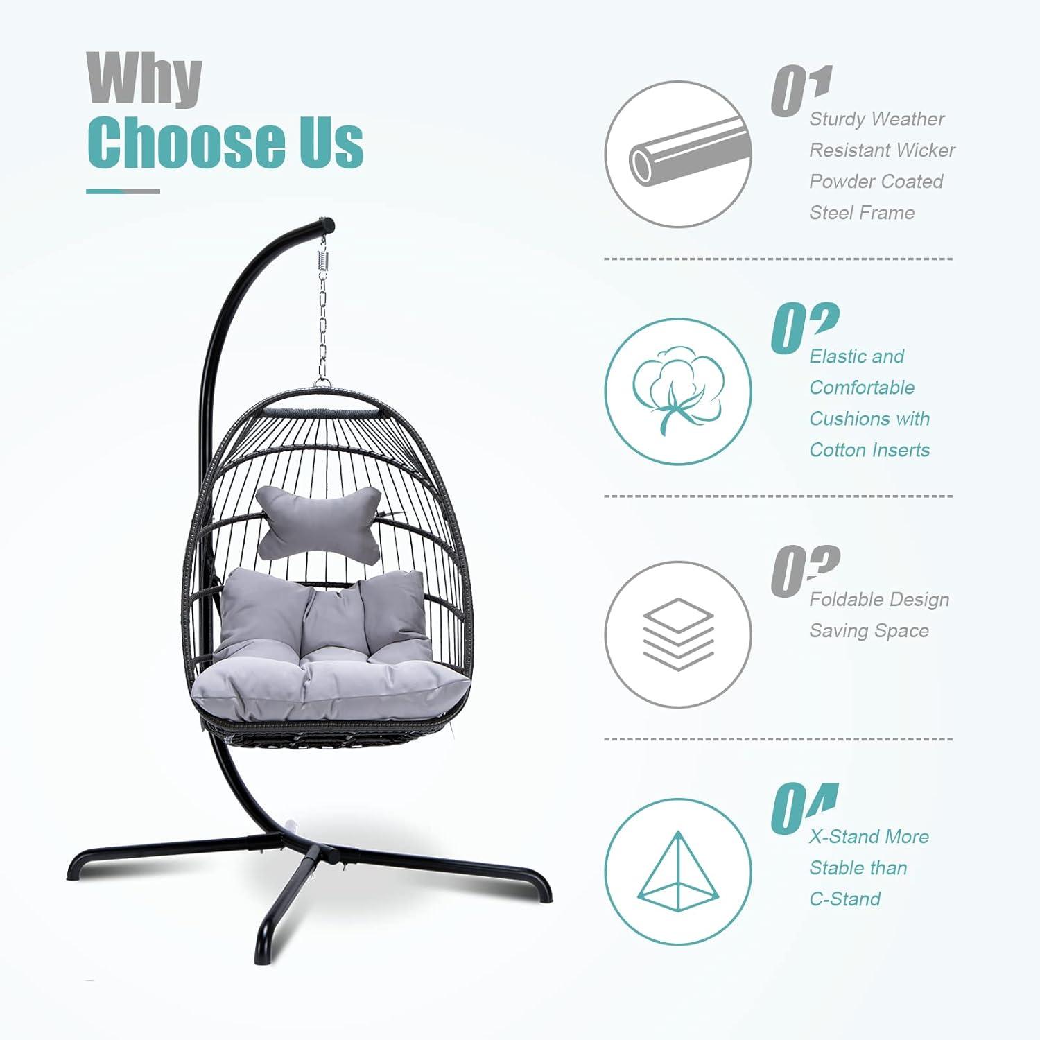 NICESOUL All Weather Swing Egg Chair Indoor Outdoor, Comfy Rattan Patio Basket Hanging Chair with Stand and Cushions, 350lbs Heavy Duty Sturdy Egg Hammock Chairs for Porch Balcony Deck Garden, Gray