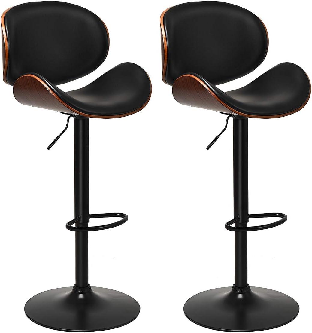 Costway Set of 2 Bentwood Barstool Mid-Century Adjustable Swivel PU Leather Curved Back