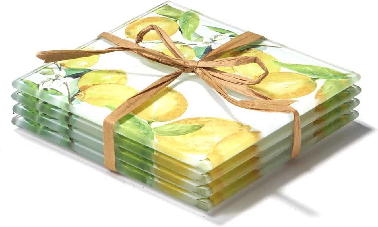 American Atelier, Square, Yellow Glass Drink Coasters (Lemon Branches), Set of 4