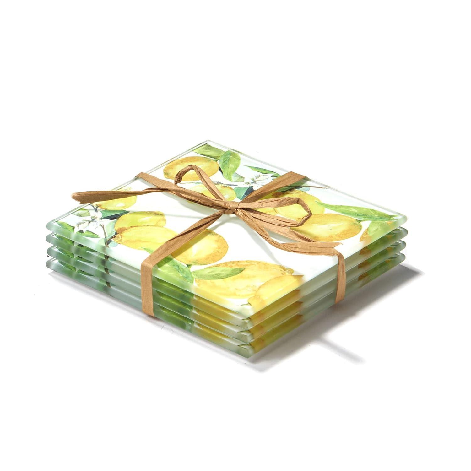 American Atelier, Square, Yellow Glass Drink Coasters (Lemon Branches), Set of 4