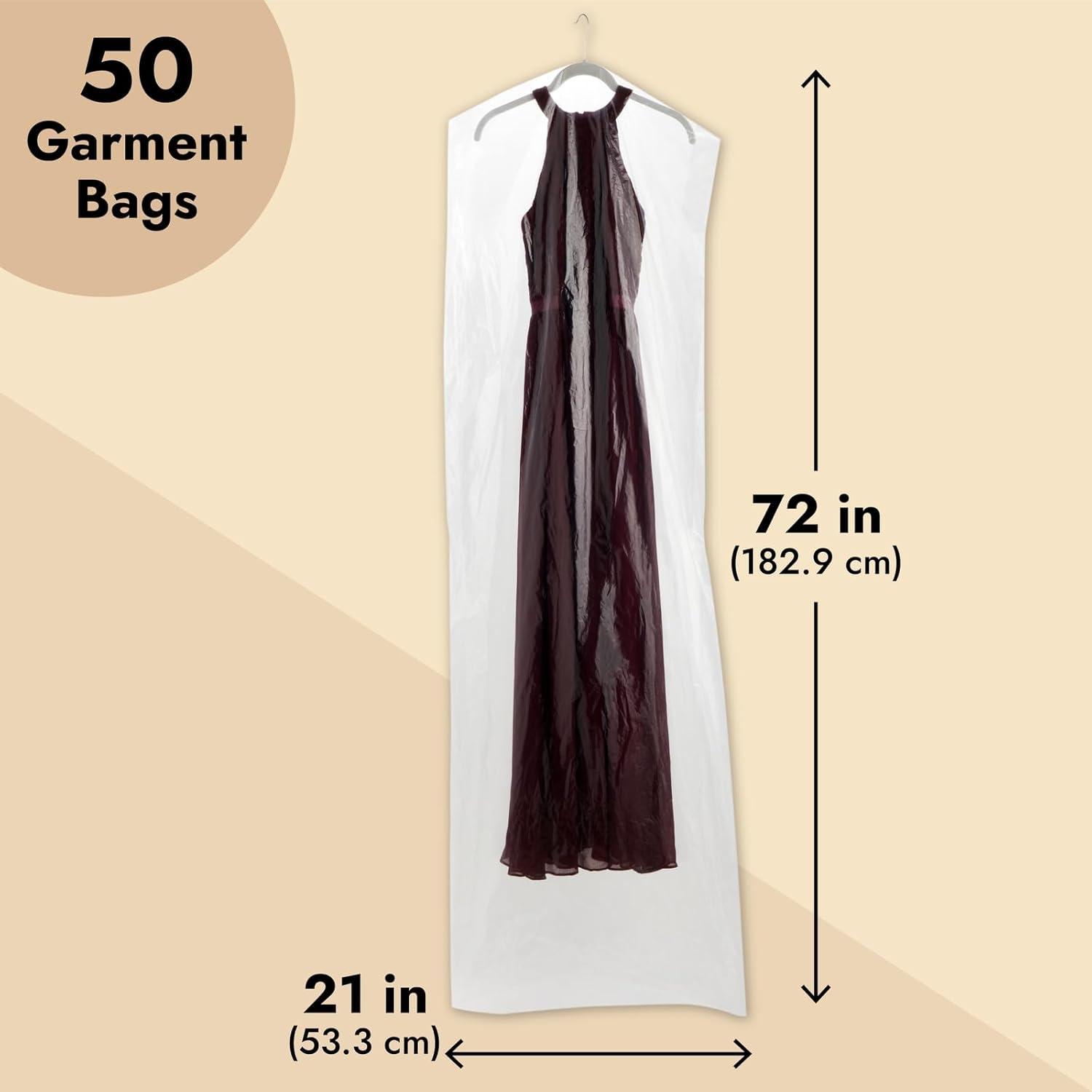 Juvale 50 Pack Long Plastic Garment Bags for Hanging Clothes, Clear Dry Cleaner Bag Covers for Gowns, Dresses, 21 x 72 In