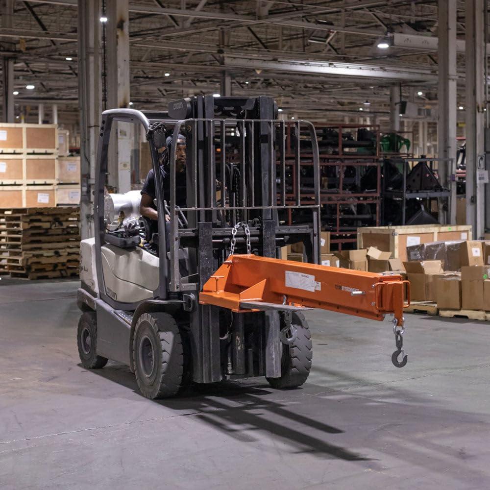 Titan Attachments Fork Mounted Adjustable Hoist Jib Boom Crane, Manual Telescopes 79"-147", 6000 LB Lift Capacity, Two 3 Ton Swivel Hooks, Ideal for Warehouse or Factories