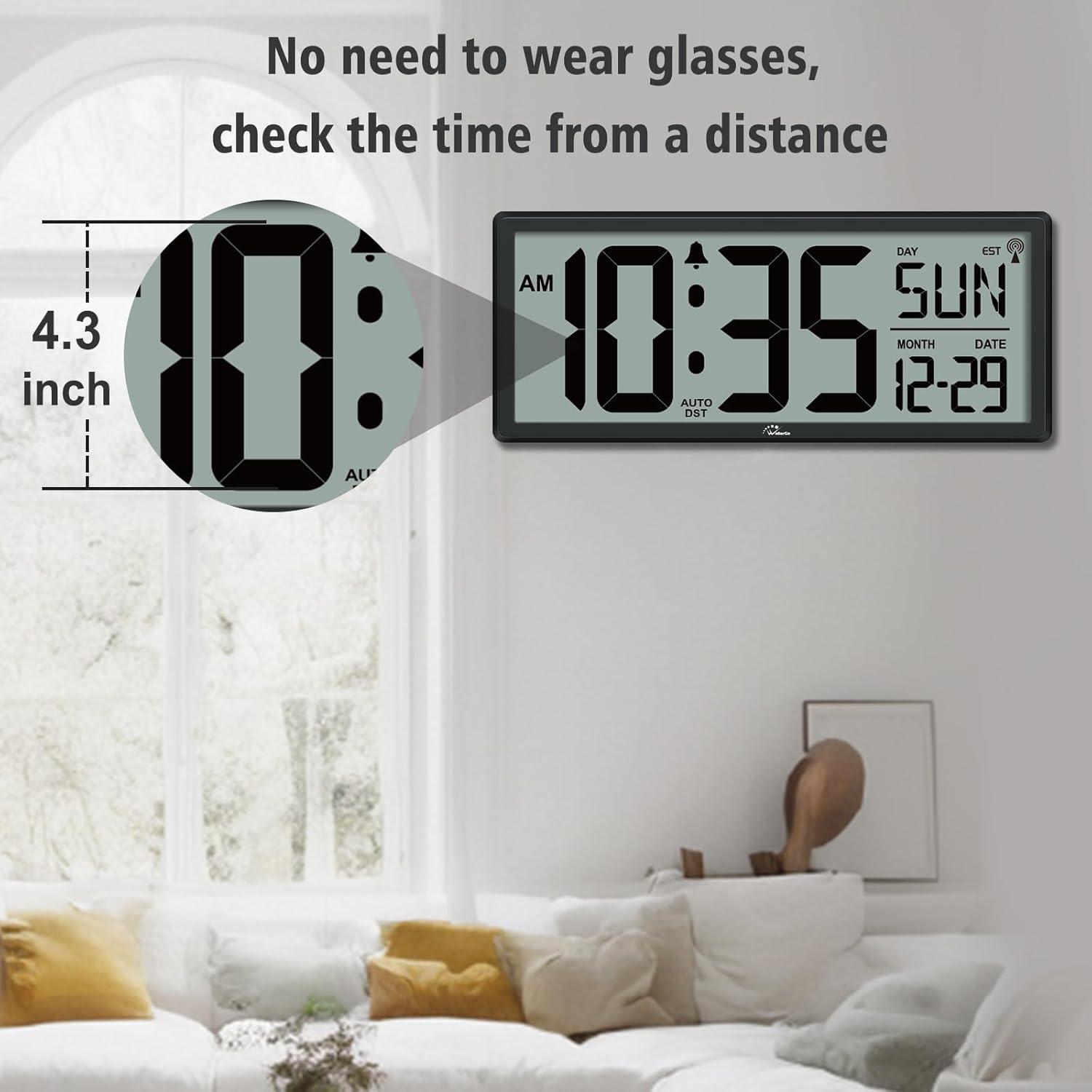 WallarGe 14.5'' Large Digital Wall Clock Battery Operated with Jumbo Numbers, Temperature and Date - Easy to Read and Set, Auto DST