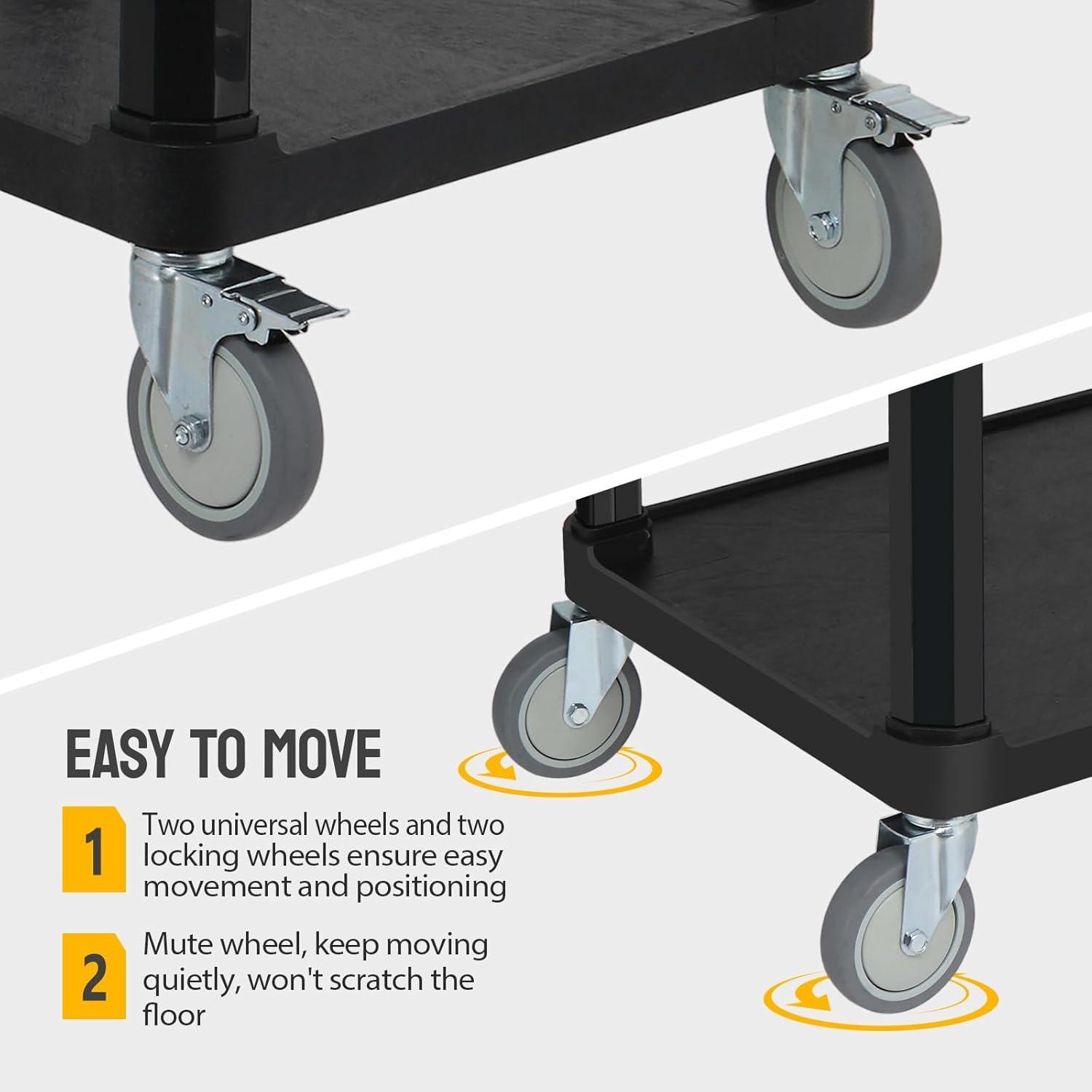 TUFFIOM 3-Tier Plastic Service Utility Cart, Rolling Flat Cart with Wheels, Large Capacity, Multi-function Handle Storage and Mute Flexible Wheels with Braker, Great for Office Warehouse Garage, Black