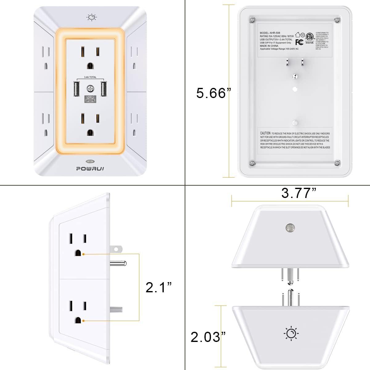 White 6-Outlet Surge Protector with USB Ports and Night Light