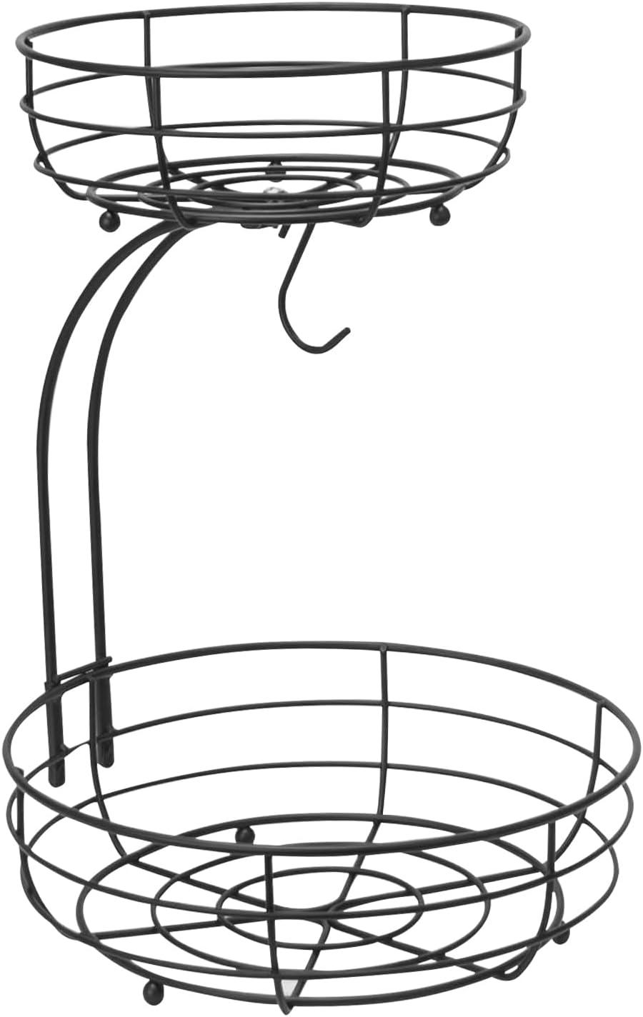 Black Metal 2-Tier Countertop Fruit Basket with Banana Hanger