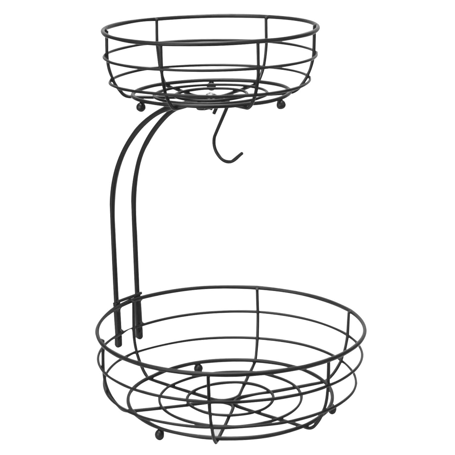 Bextsrack Fruit Basket for Kitchen Countertop, 2-Tier Vegetable Fruit Bowl with Banana Hanger, Black