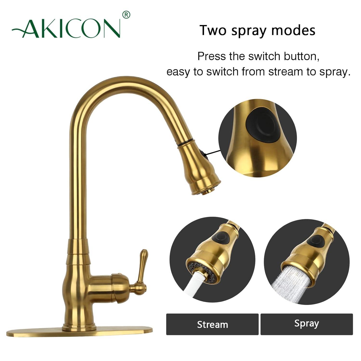 Akicon One-Handle Pull-Down Kitchen Faucet Single Level Solid Brass Kitchen Sink Faucet with Deck Plate (Brushed Gold)