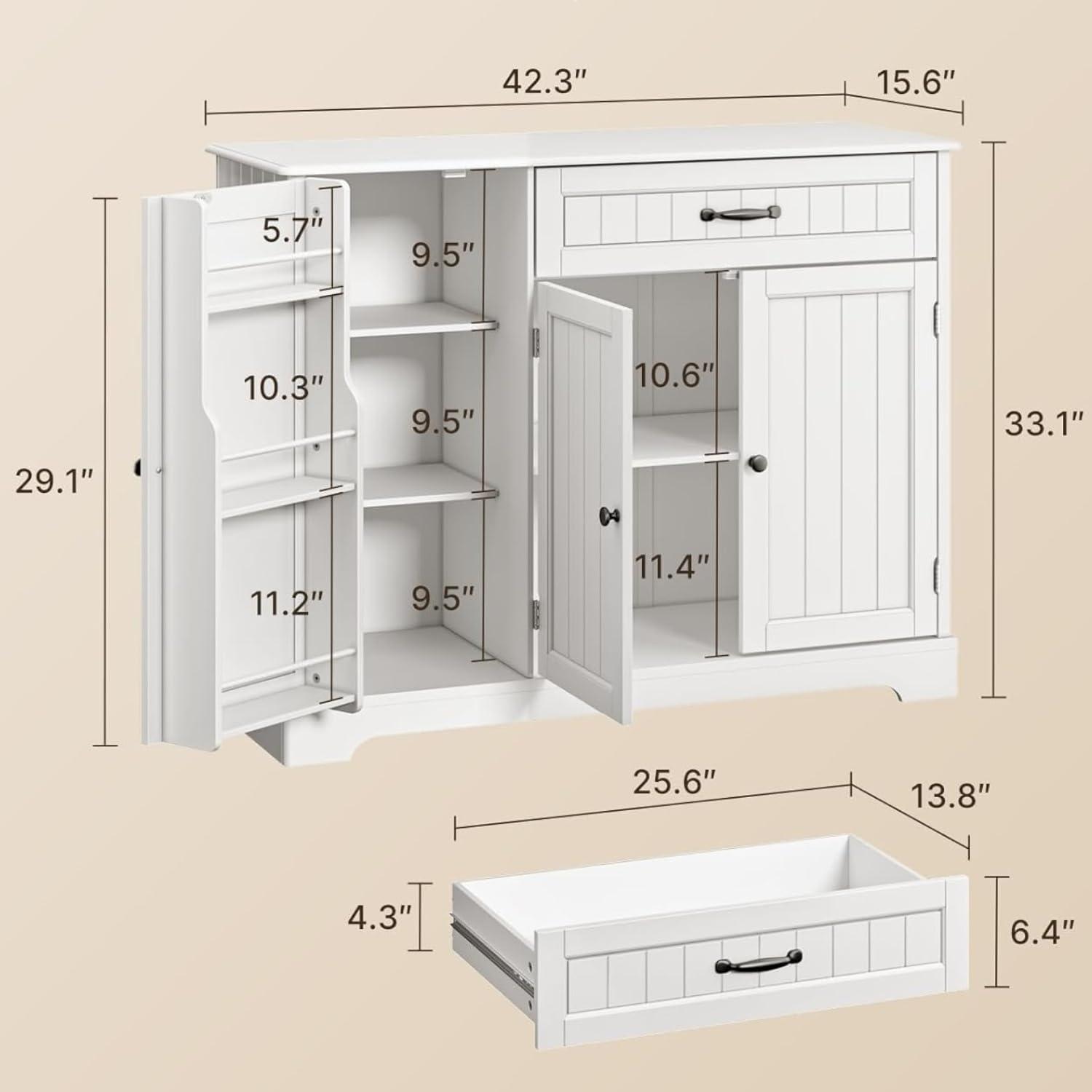 White MDF Kitchen Sideboard Buffet Cabinet with Drawer and Shelves