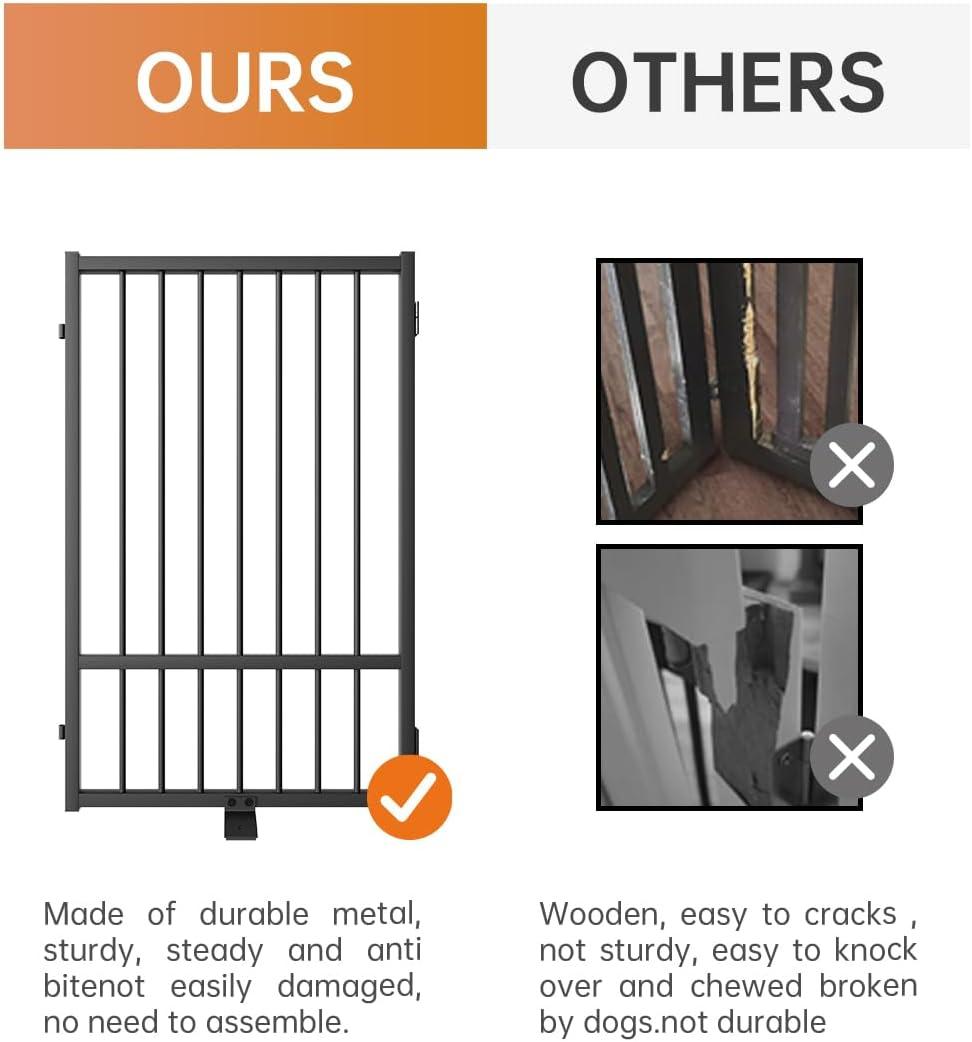 Full Matel Freestanding Dog Gate With Door, 32 Inch Height Foldable Pet Dog Fence Extra Wide Free Standing Small Dog Gates For Doorways,House,Stairs,Porch,Deck,Yard